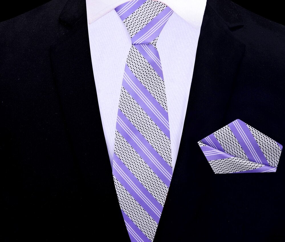 Purple, White and Black Stripe with Dots  Thin Necktie and Pocket Square