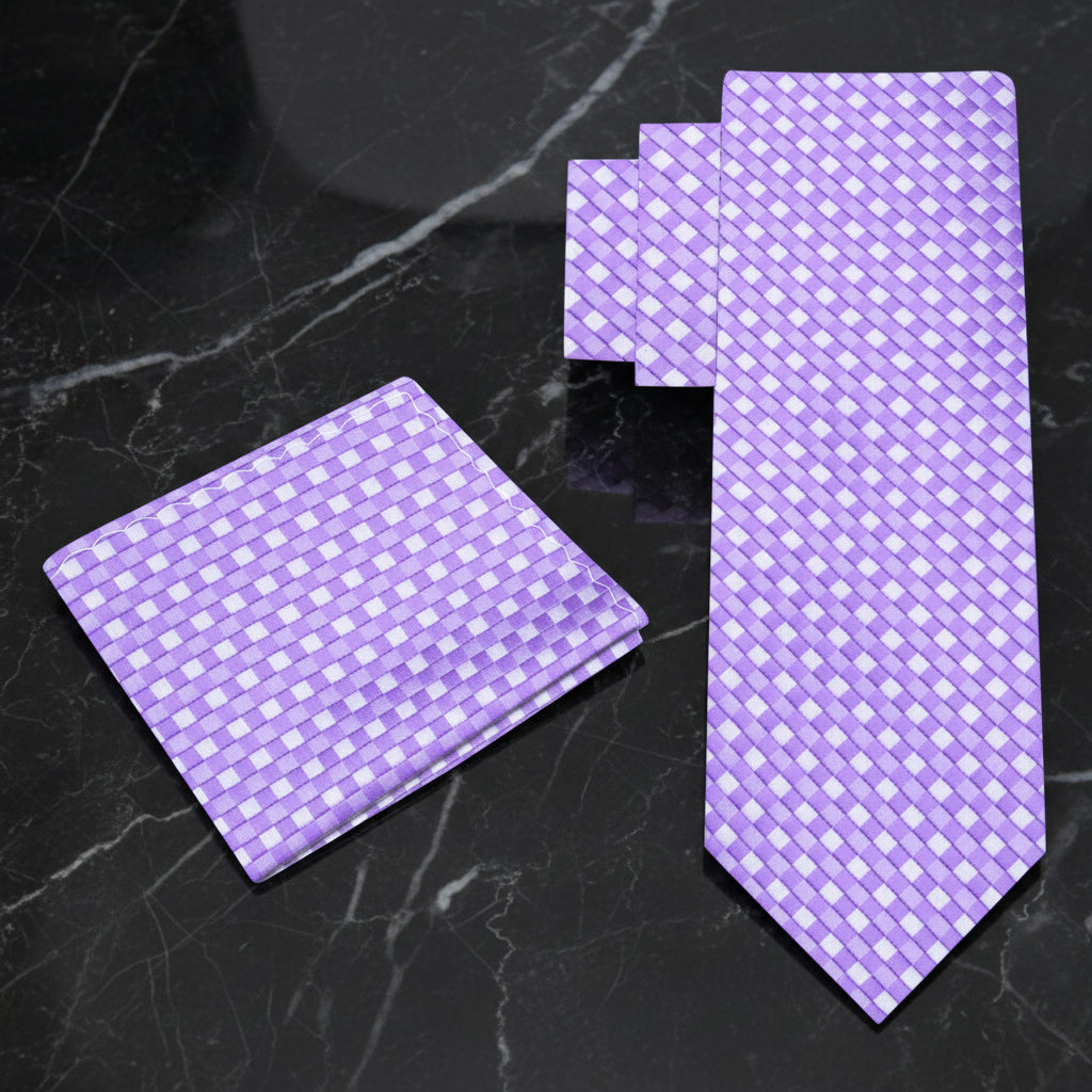 View 2: A Light Purple, White Small Geometric Check Pattern Necktie, Matching Pocket Square