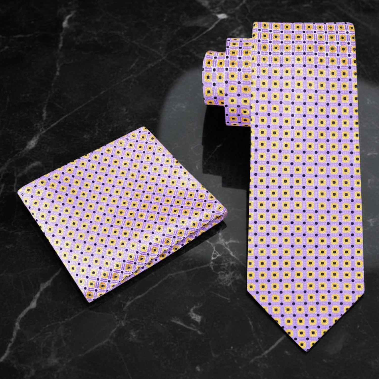 Alt view: A Lavender, Golden Yellow, Black Check Pattern Silk Necktie, Matching Pocket Square