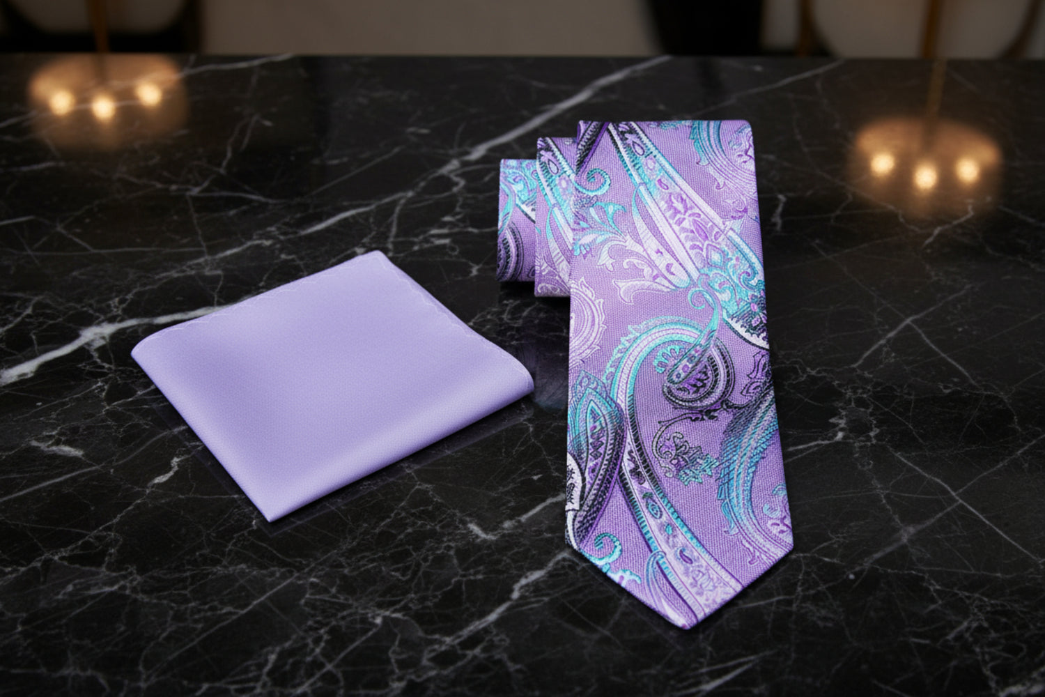 Alt view: Light Purple, Light Blue Paisley Necktie with Accenting Purple Pocket Square