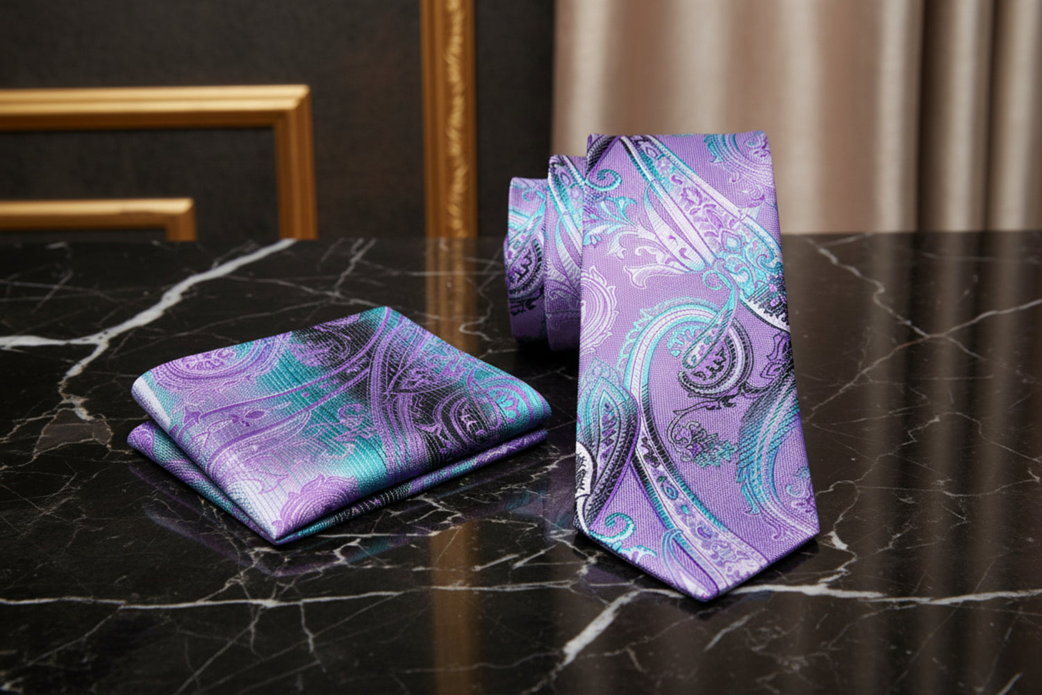Alt View: Light Purple, Light Blue Paisley Necktie with Matching Pocket Square