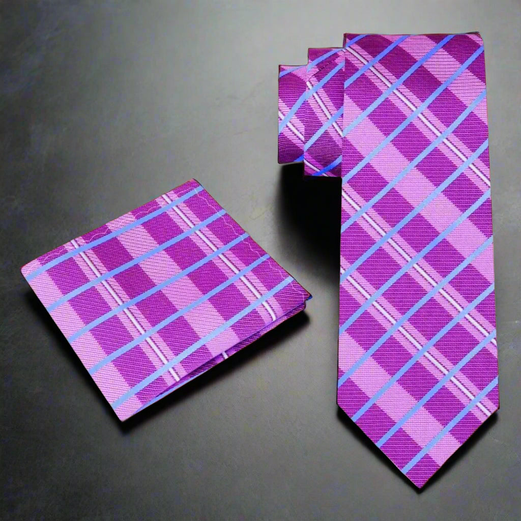 Alt view: A Light Purple, Light Blue Plaid Pattern Silk Necktie and Matching Square