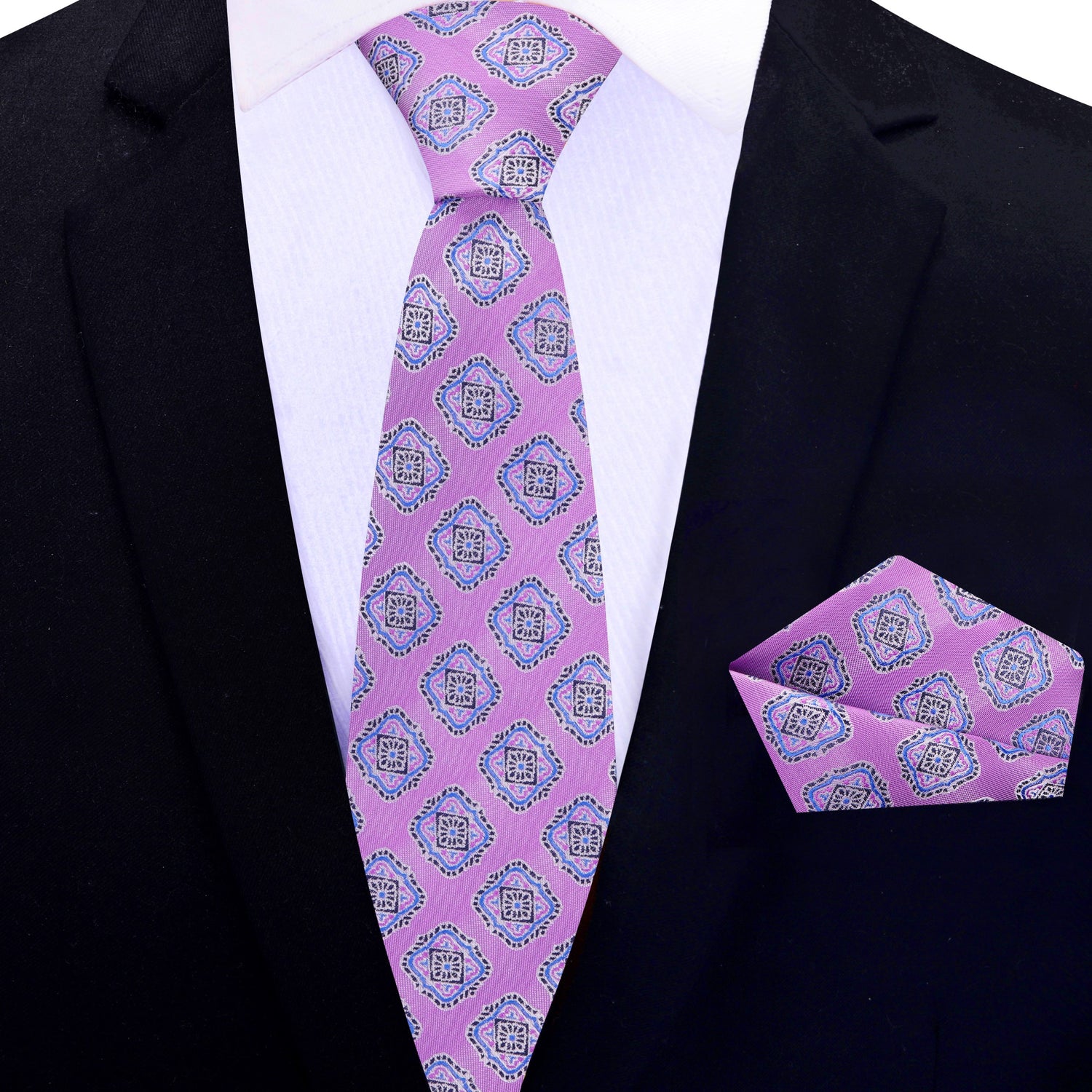 Thin Tie: Light Purple, Light Blue Medallions Necktie and Pocket Square