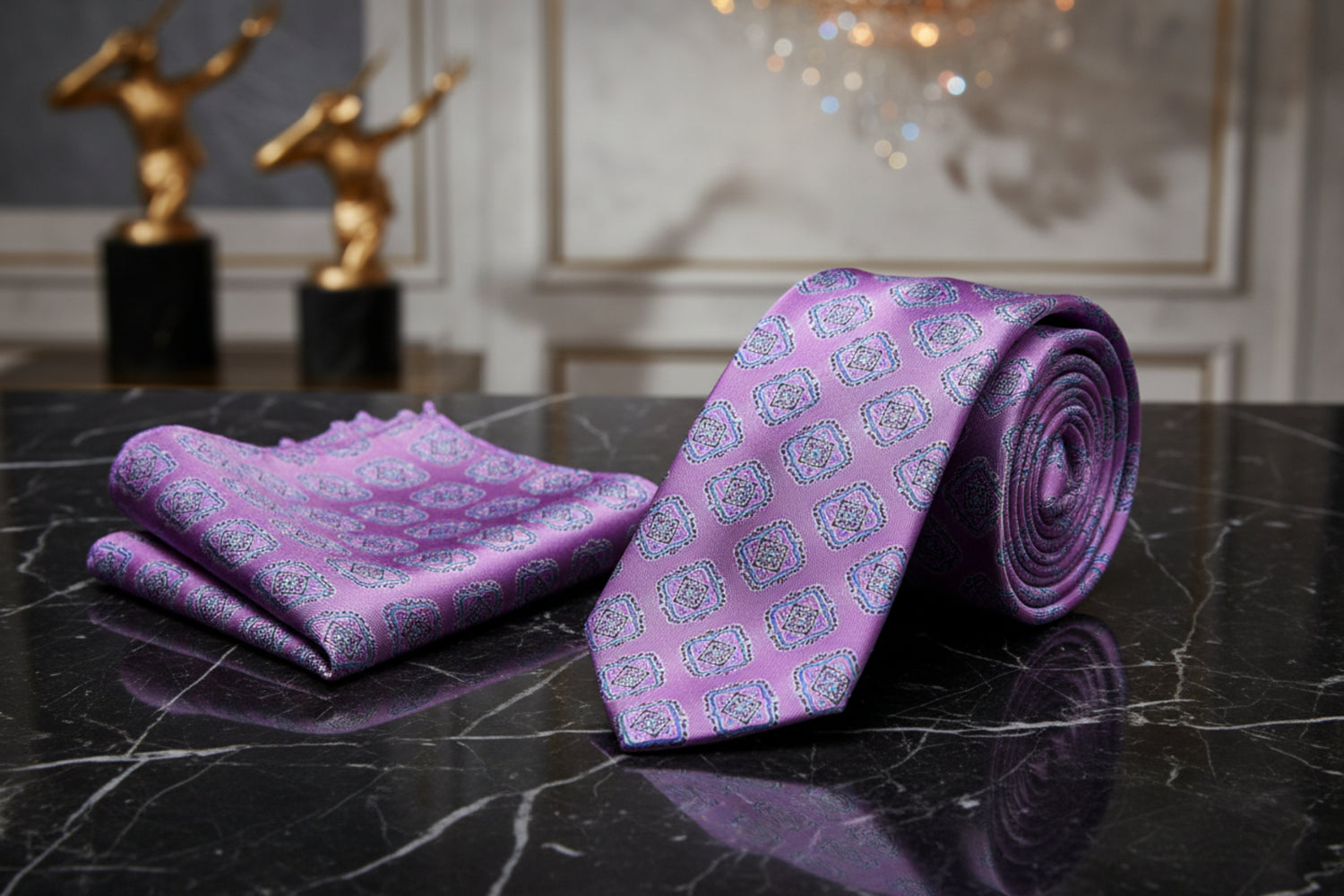 Alt View: Light Purple, Light Blue Medallions Necktie and Pocket Square