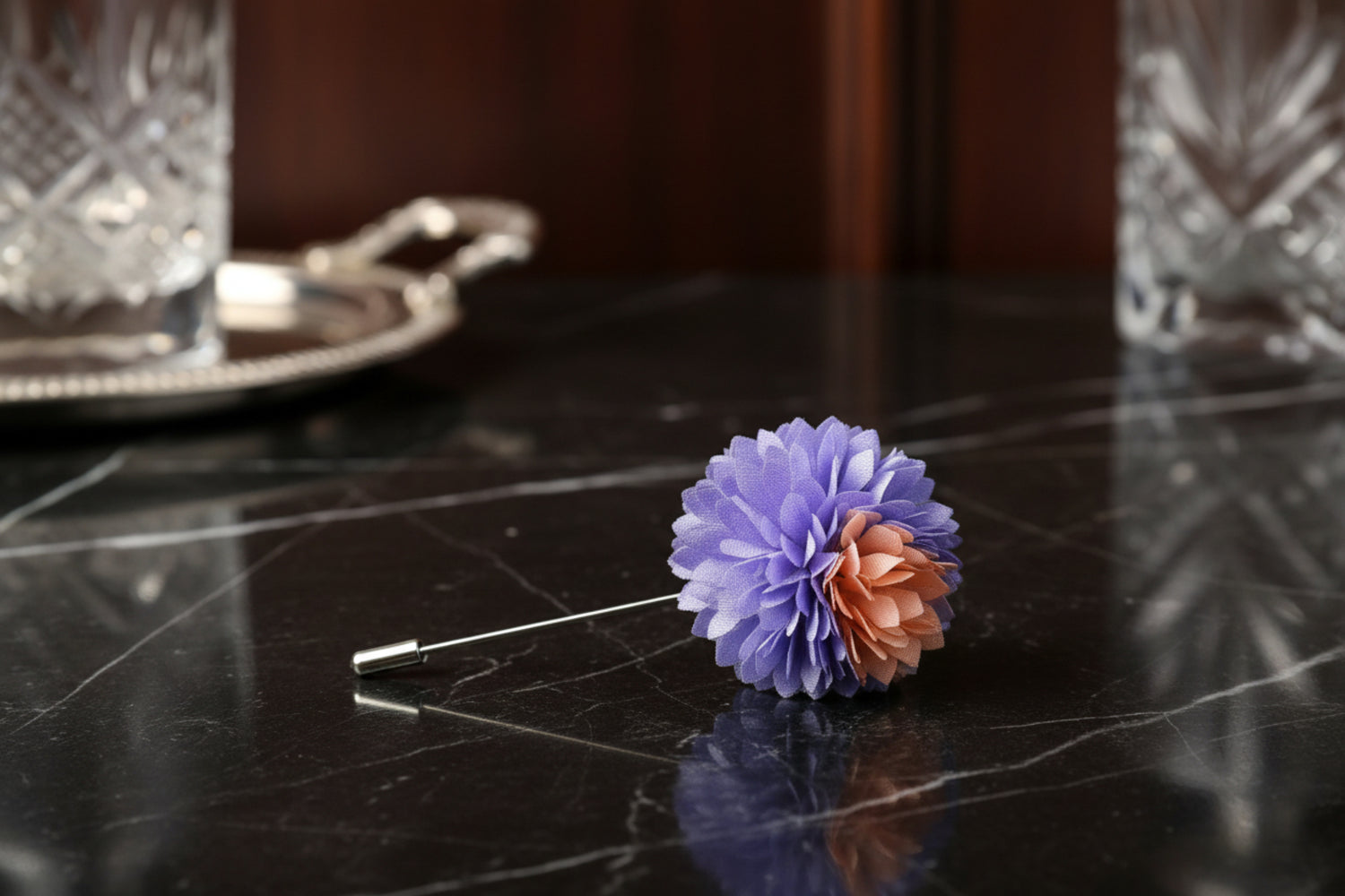 Main View; A Light Purple, Peach Thin Petal Lapel Flower