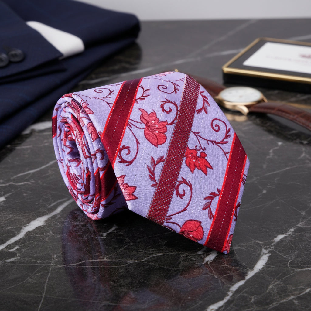 Light Purple and Red Stripe and Flowers Tie