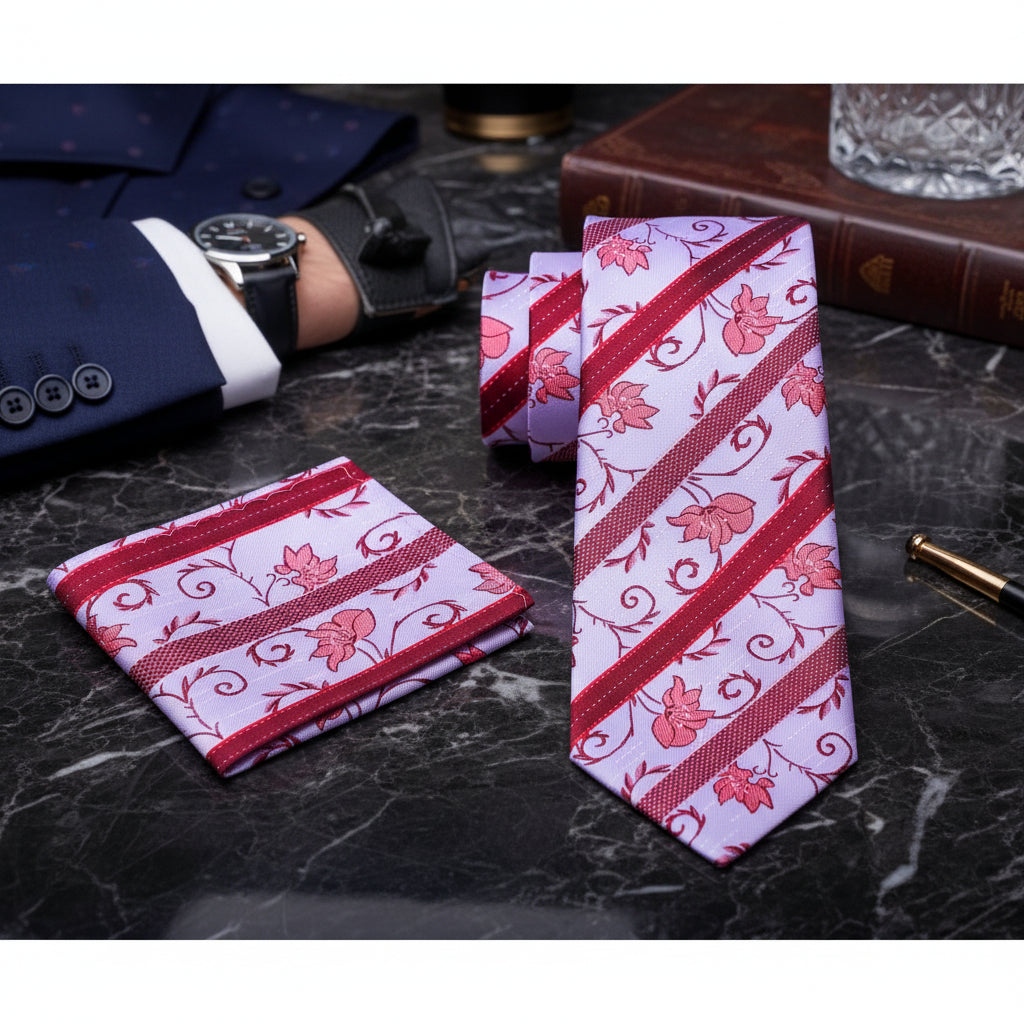 Alt View: Light Purple, Red, Pink Floral With Stripe Tie and Pocket Square