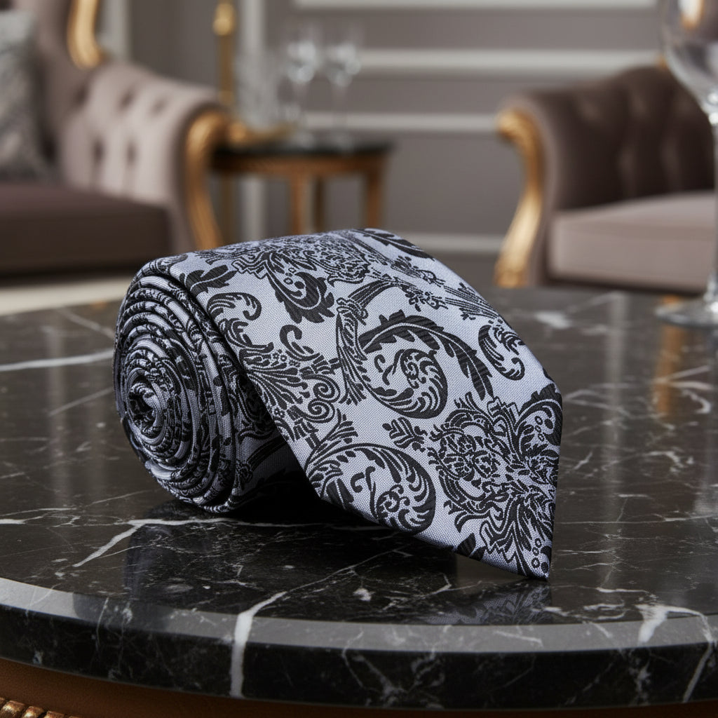 Grey and Black Intricate Pattern Necktie  