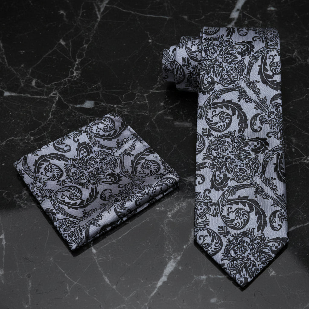 Alt View: A Silver, Black Floral Pattern Necktie, Matching Pocket Square