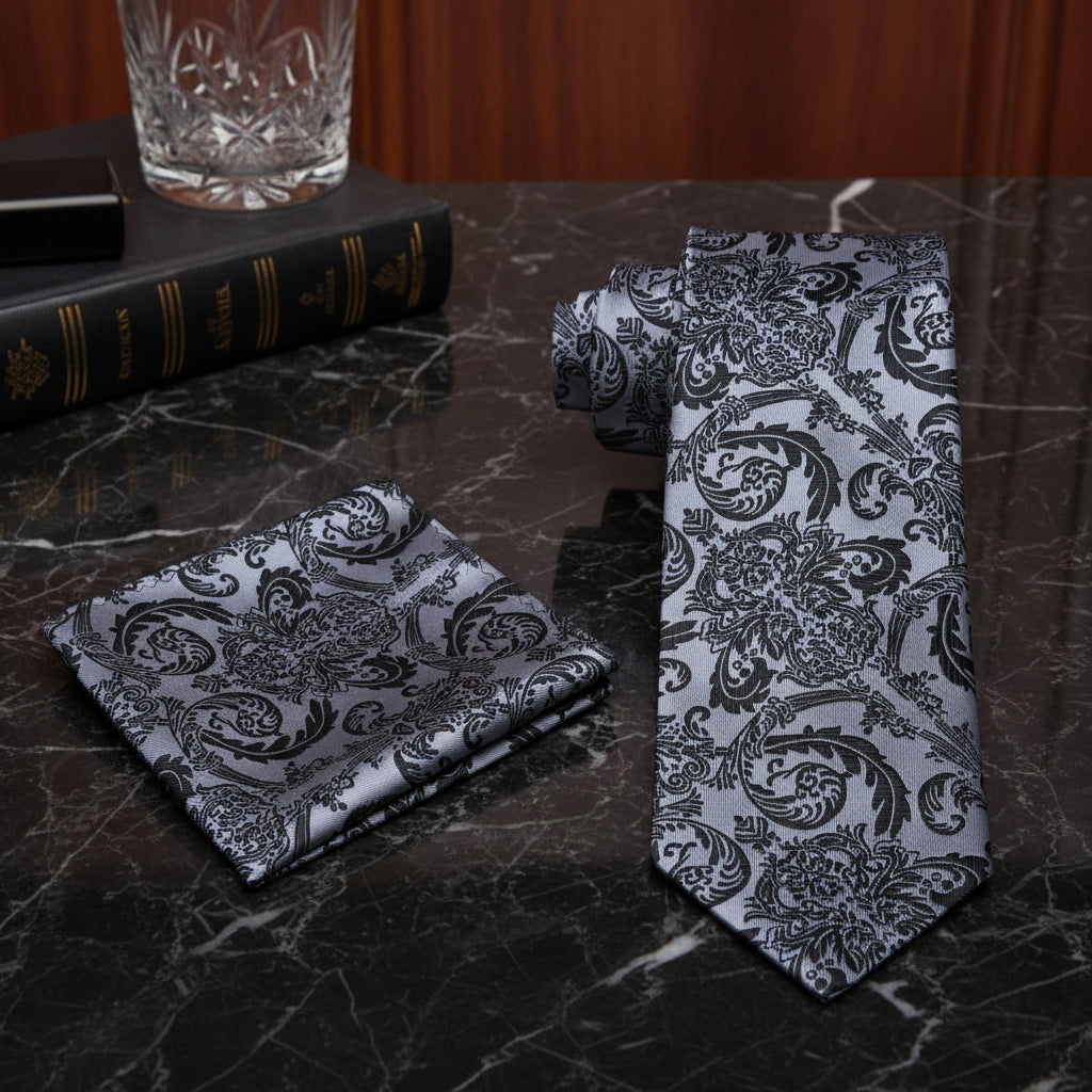 Alt View: Grey and Black Intricate Pattern Necktie and Pocket Square