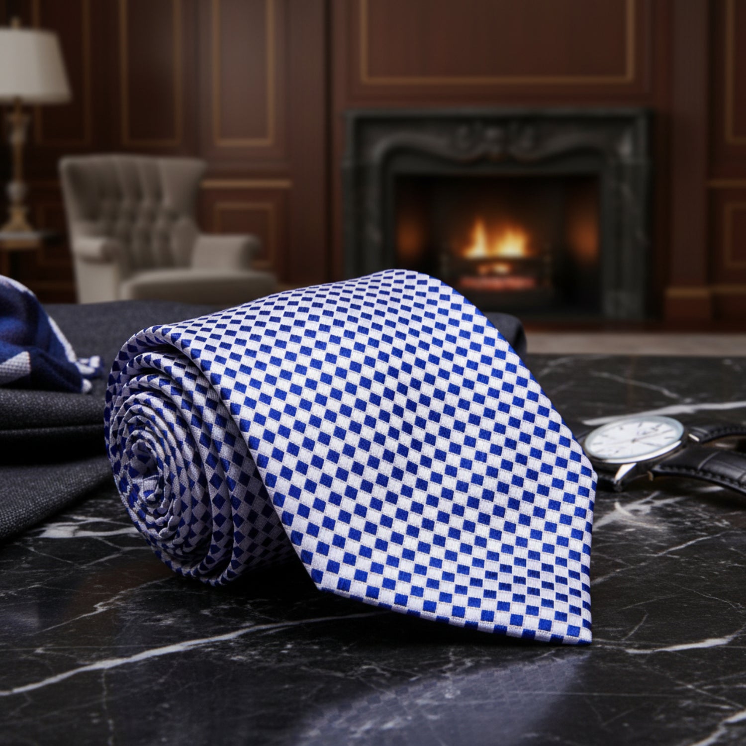 A Light Grey, Blue Check Pattern Necktie
