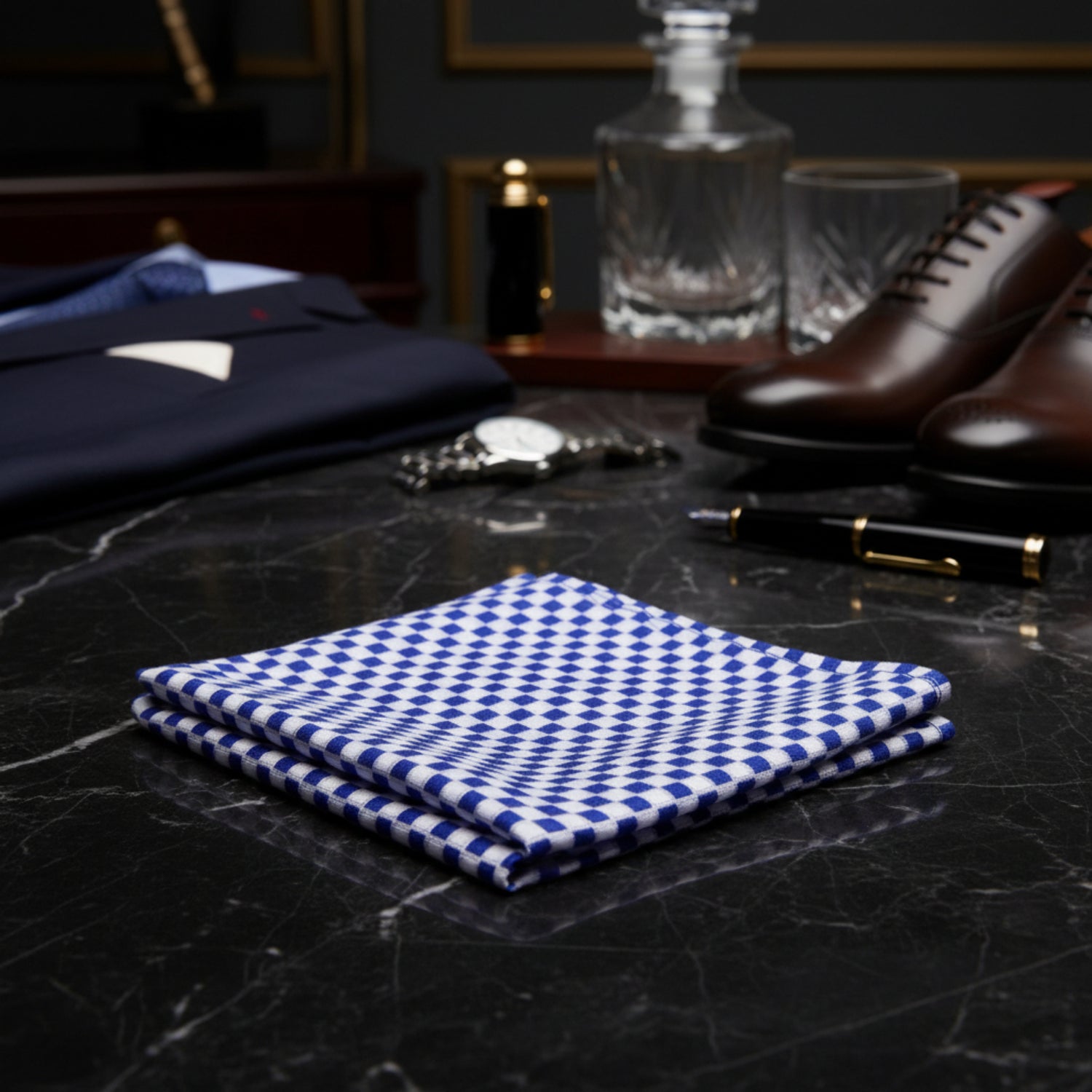 A Light Silver, Blue Small Geometric Diamonds Pattern Pocket Square