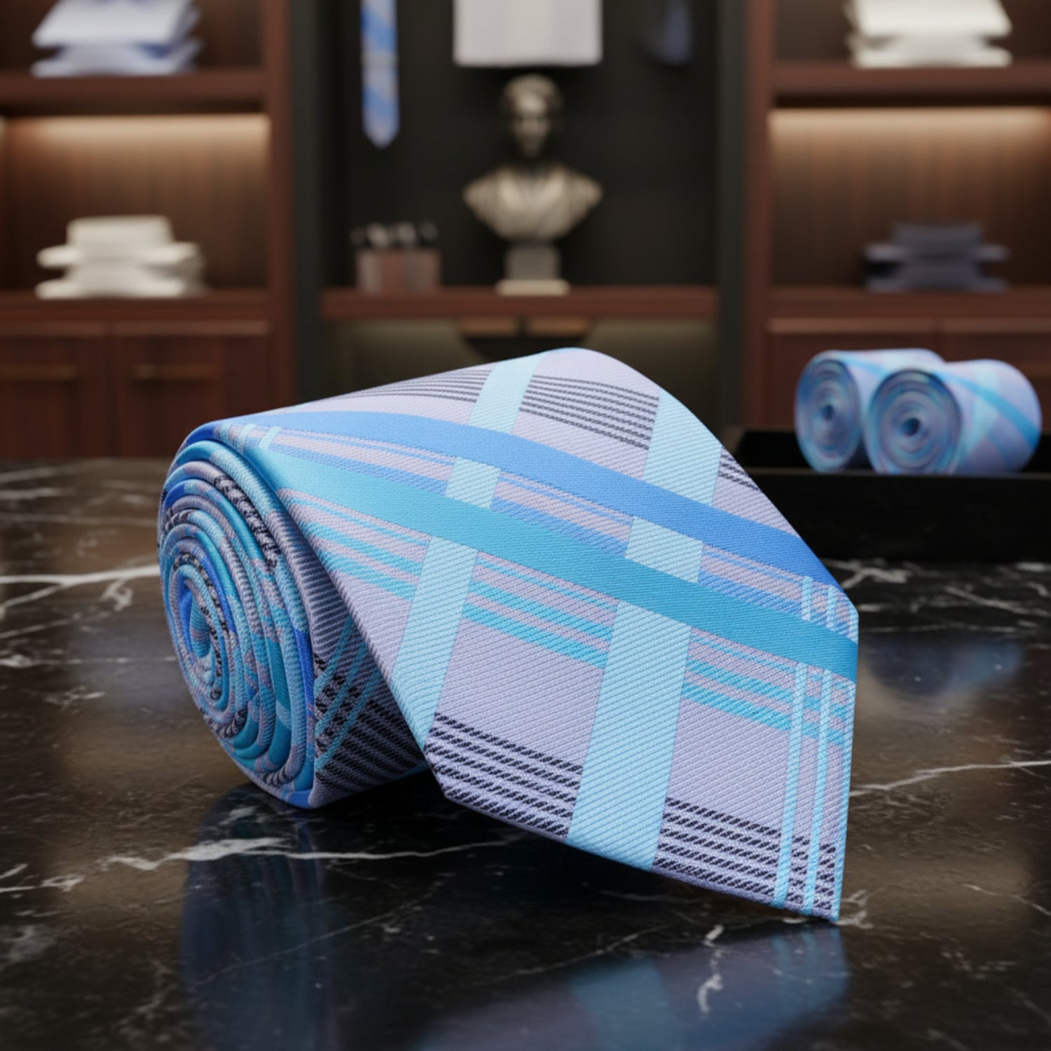 A Grey, Light Blue, Ice Blue Plaid Pattern Necktie 