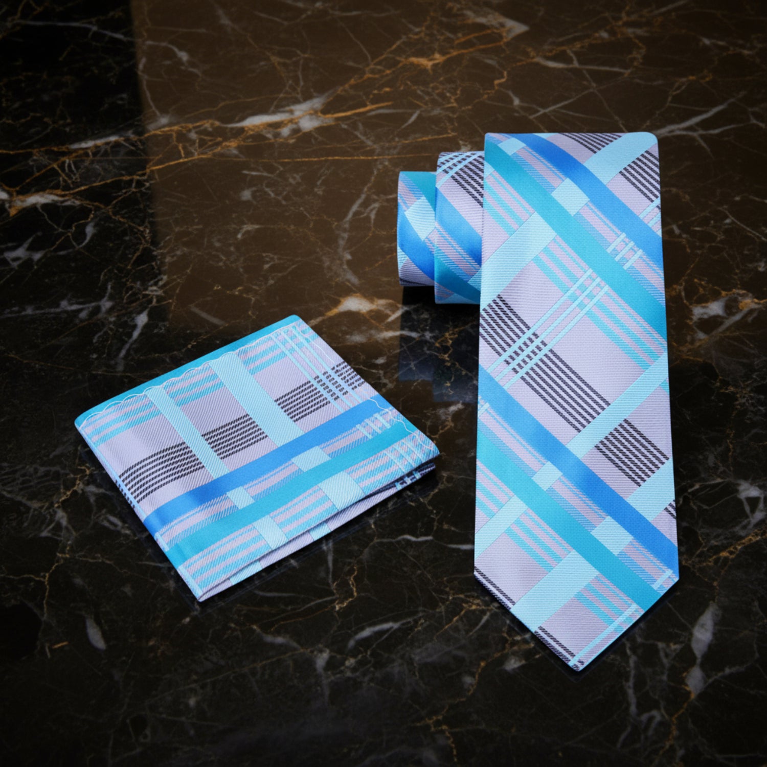 Alt View: A Grey, Light Blue, Ice Blue Plaid Pattern Necktie, Pocket Square 