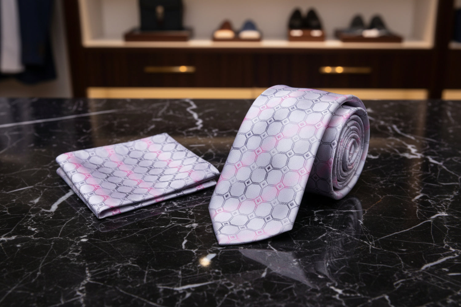 An Icy Silver, Pink, White, Black Geometric Squares With Small Diamonds Pattern Necktie, Matching Pocket Square