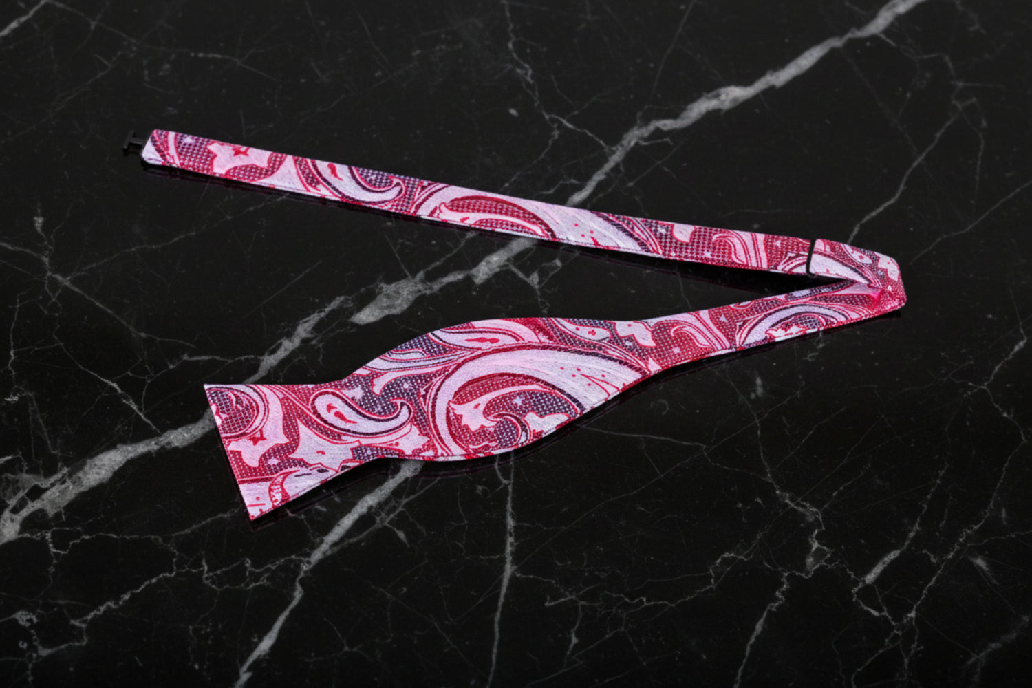 A Crimson, Grey Paisley Pattern Silk Self Tie Bow Tie View 2