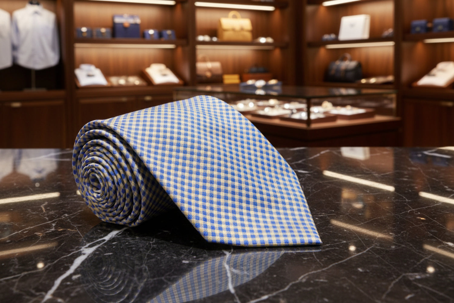Yellow, Blue Small Check Tie