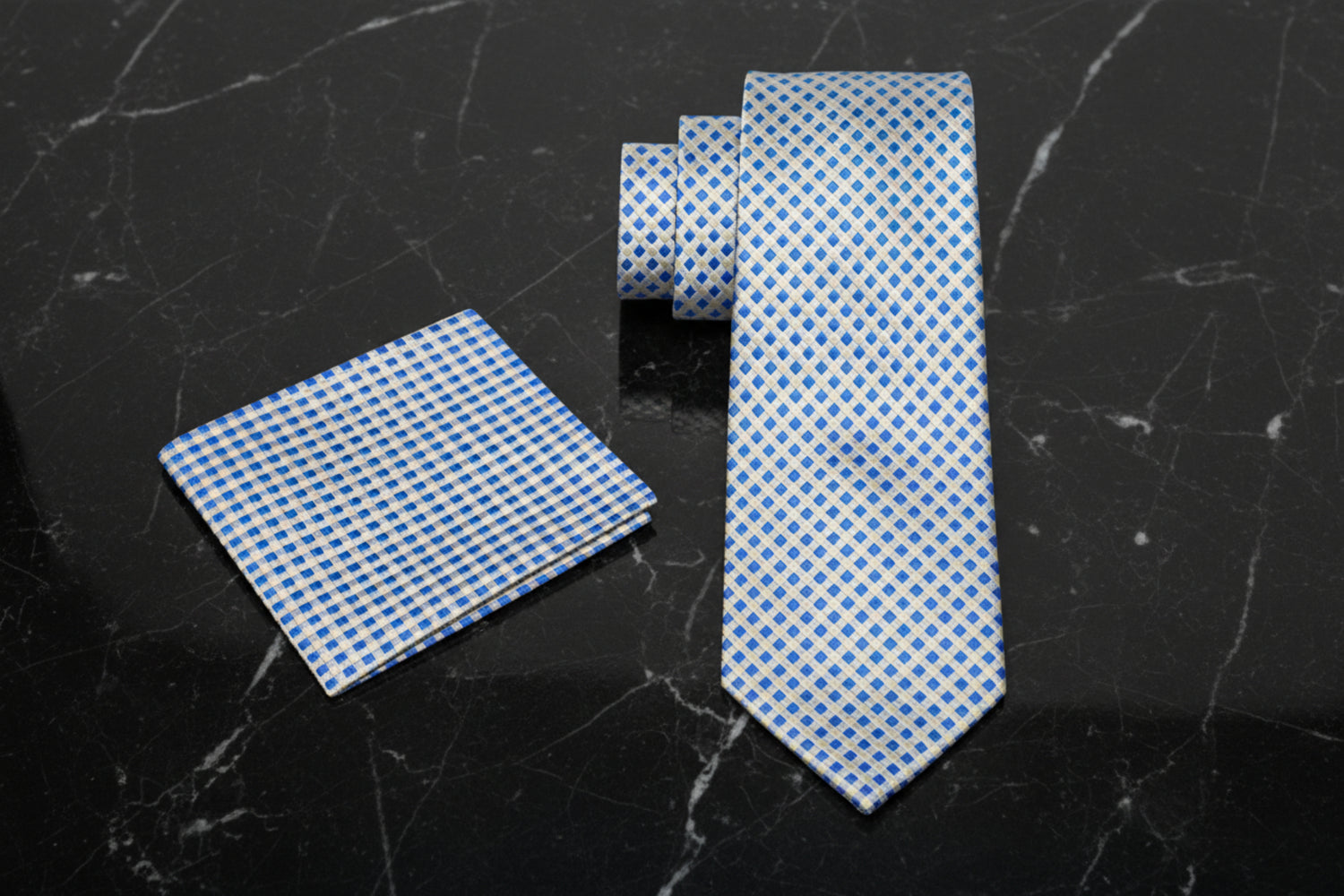 Alt View: Yellow, Blue Small Check Tie and Pocket Square