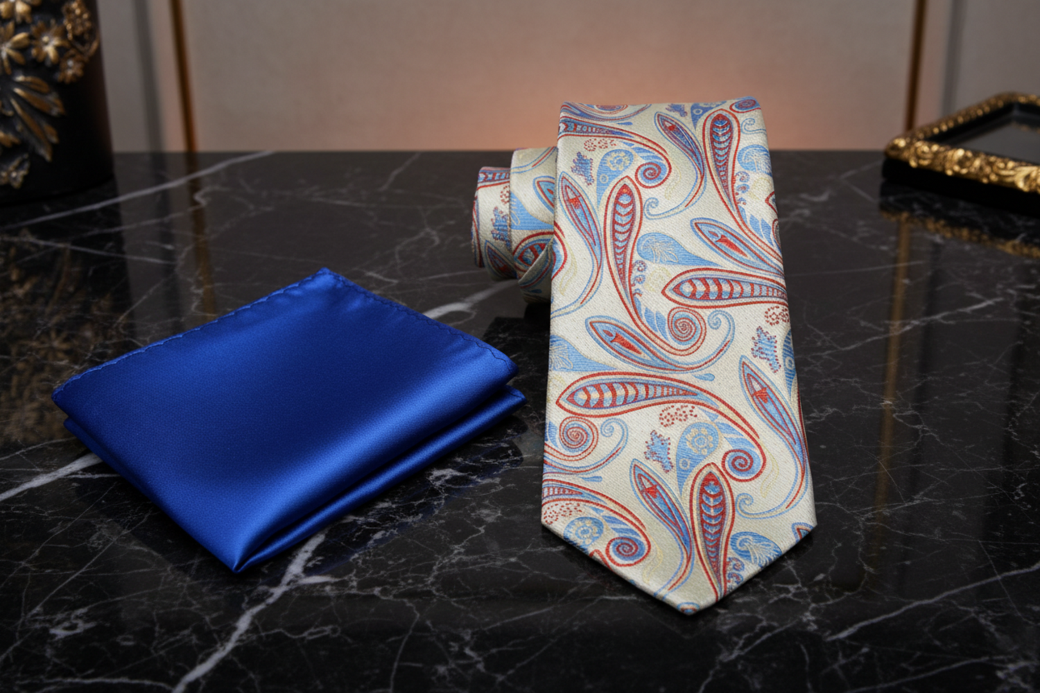 A Light Yellow, Blue and Red Paisley Necktie and Blue Square