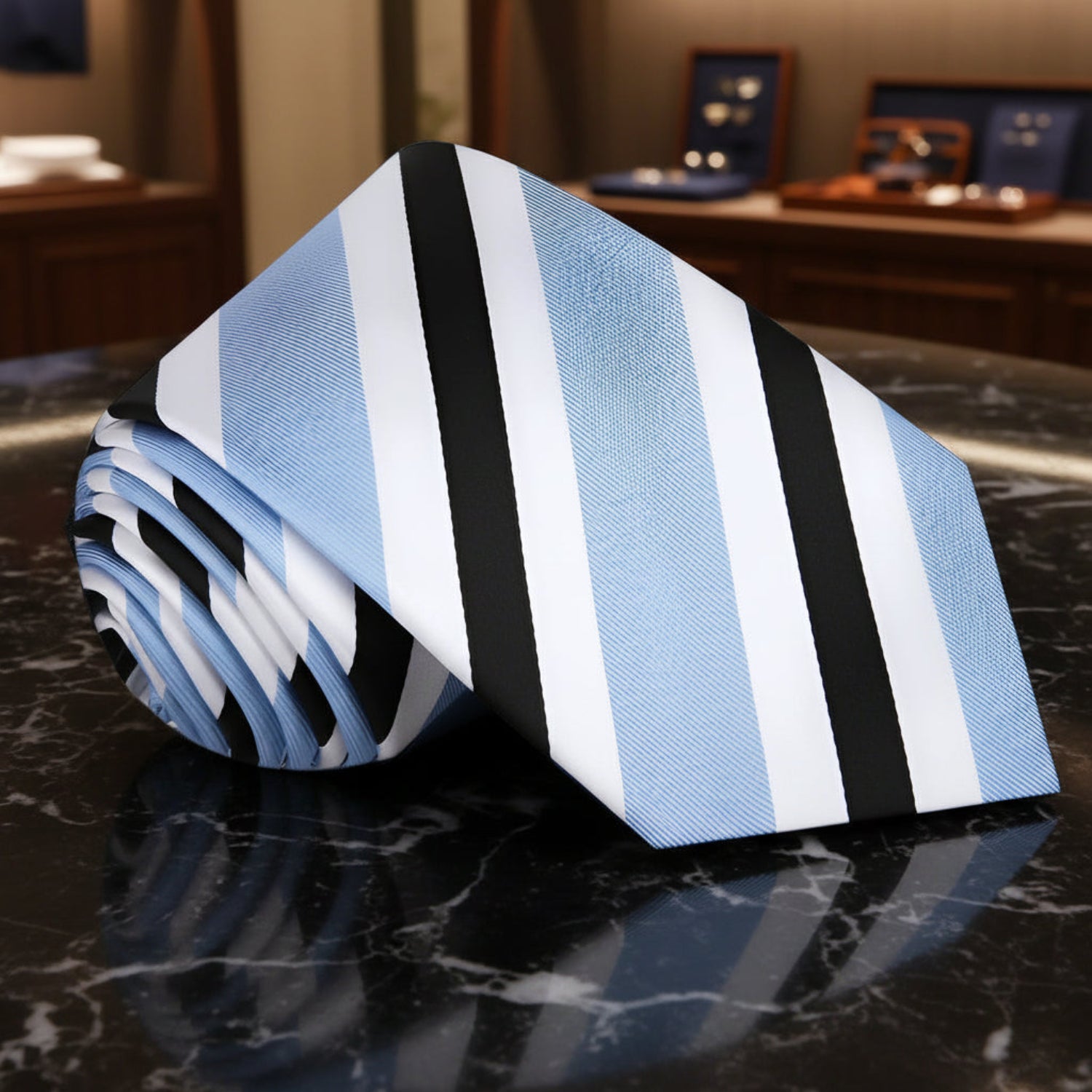 Light Blue, Black, White Stripe Tie||Light Blue