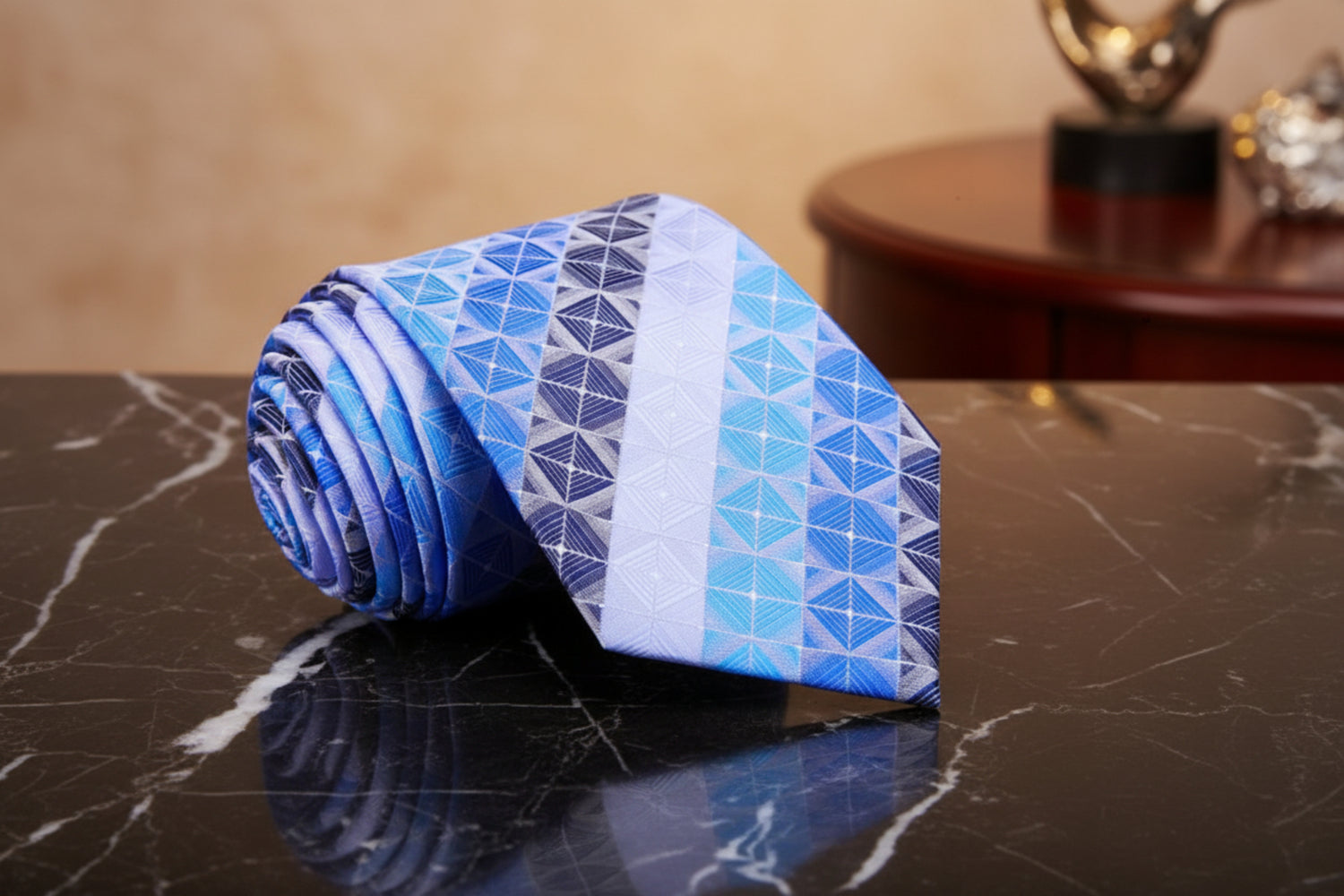Regular Width: Smooth Royal, Sky Blue, Steel Blue Geometric Blocks Tie  