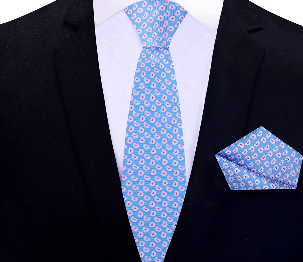 Light Blue, Pink, White Paisley Thin Tie||Light Blue