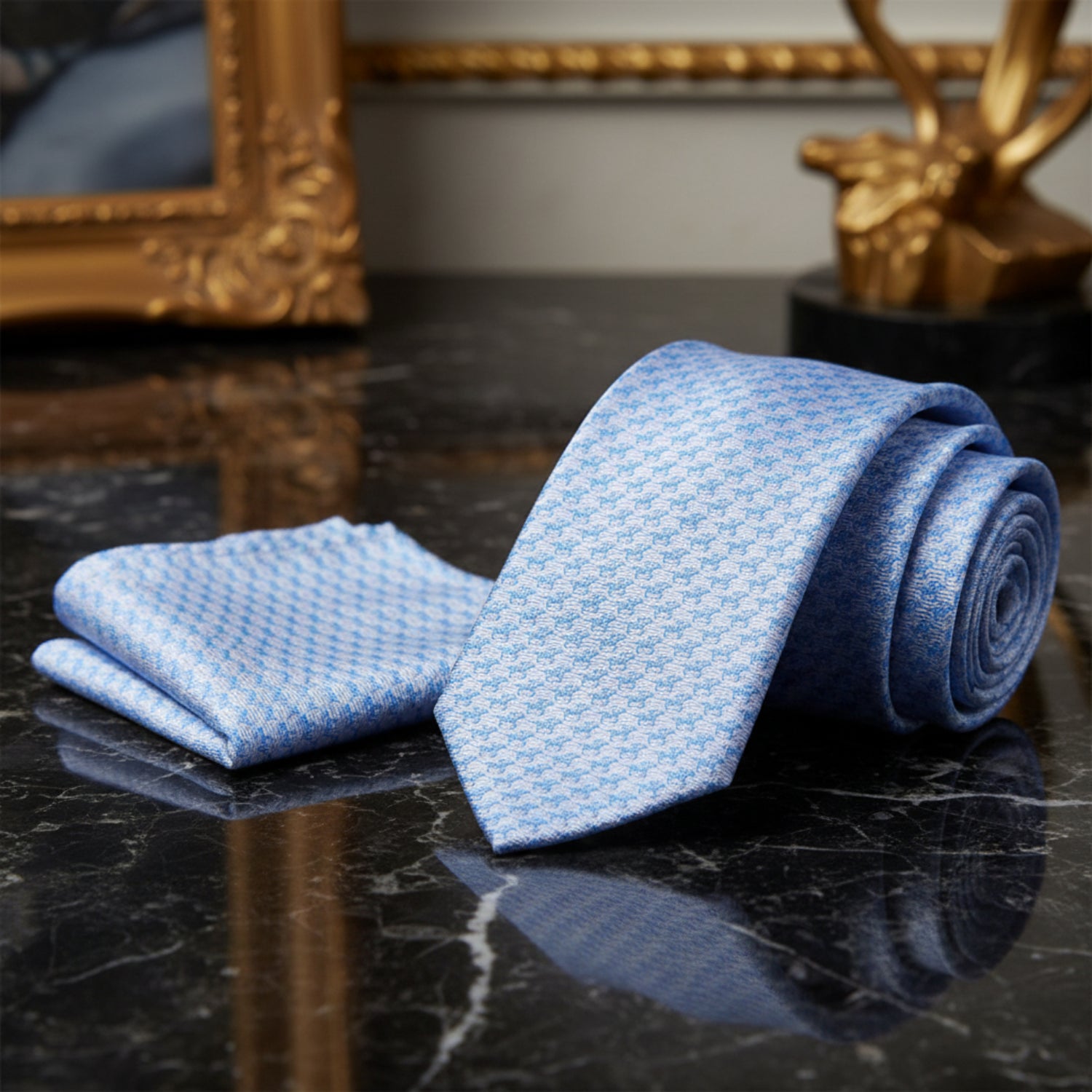 Alt View: Light Blue Race Horses Tie and Pocket Square