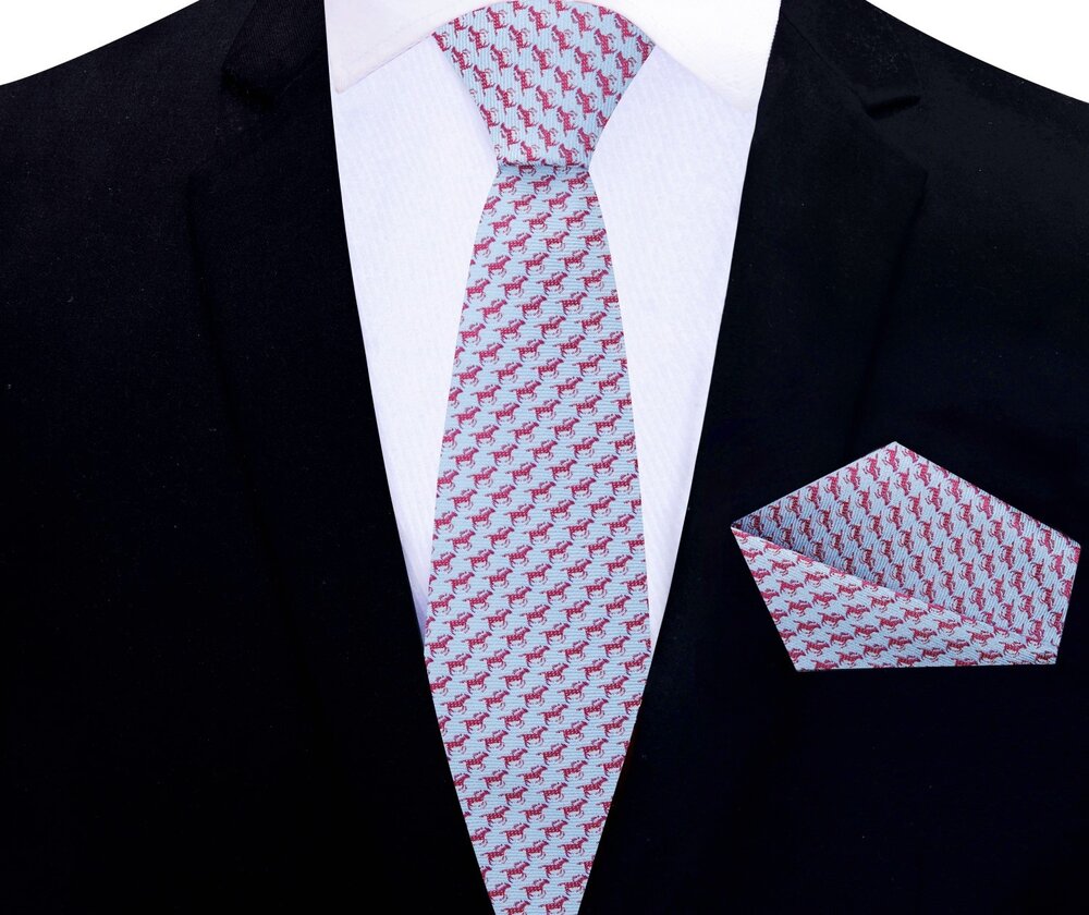 Thin Tie View Race Horses Tie and Pocket Square||Light Blue, Red