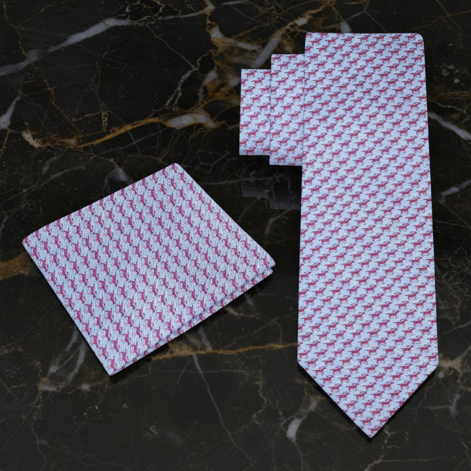 Alt View:  Light Blue, Red Race Horses Tie and Pocket Square