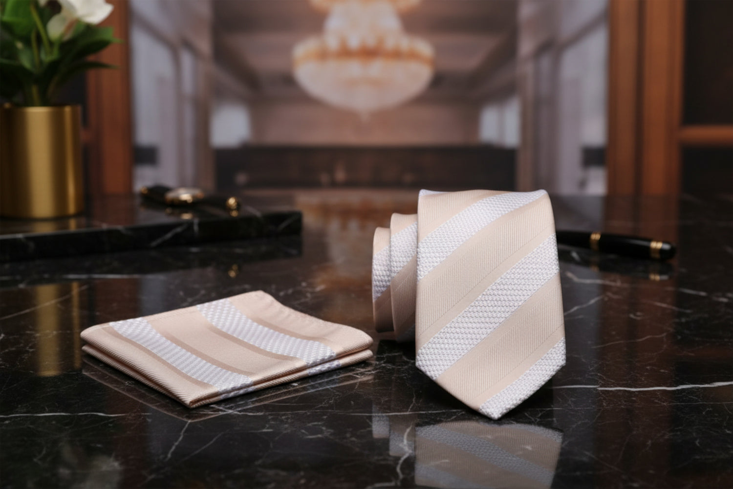 Alt View: Light Brown, Pearl Victory Stripe Tie and Square