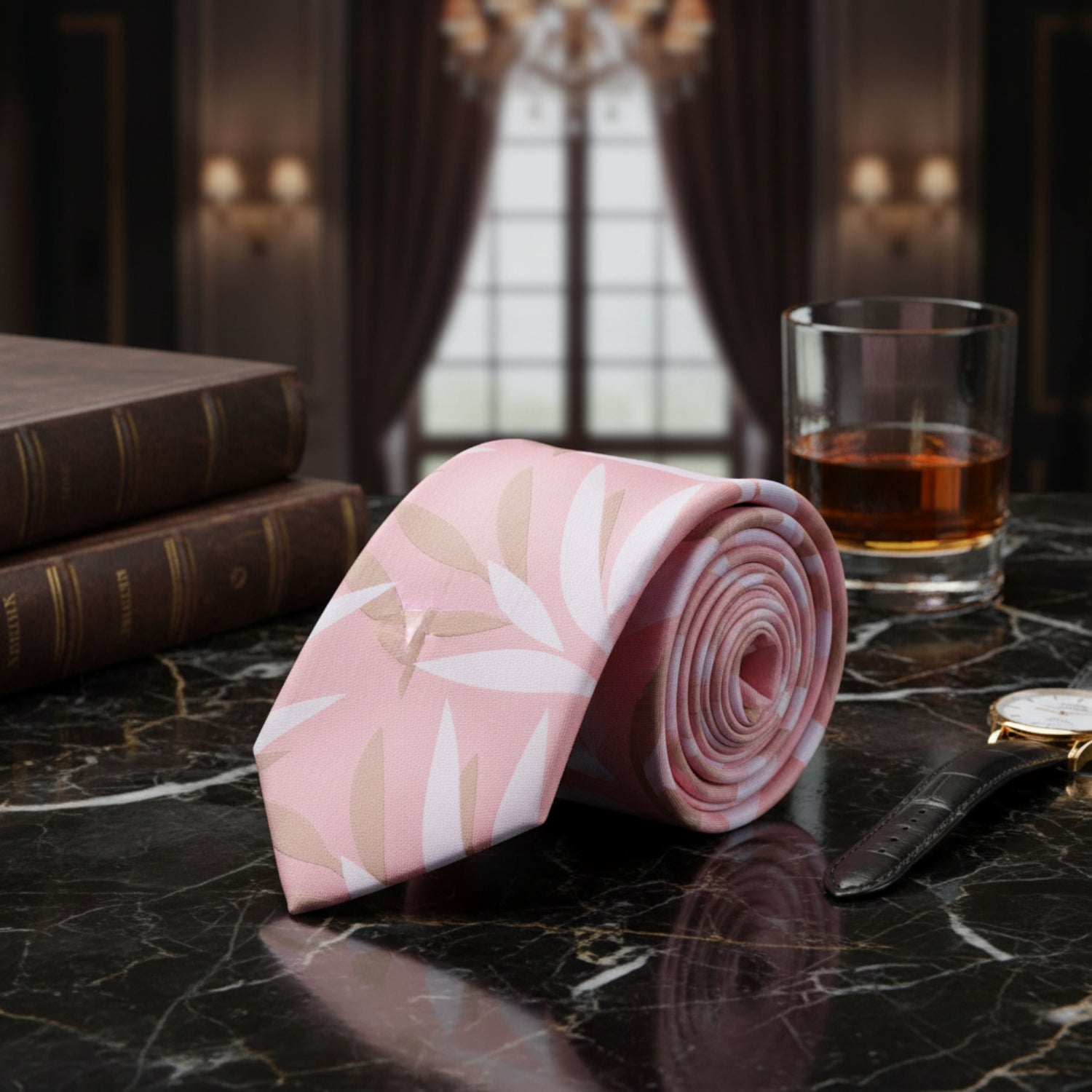  Pink, Salmon, Light Brown Sketched Leaves Tie 