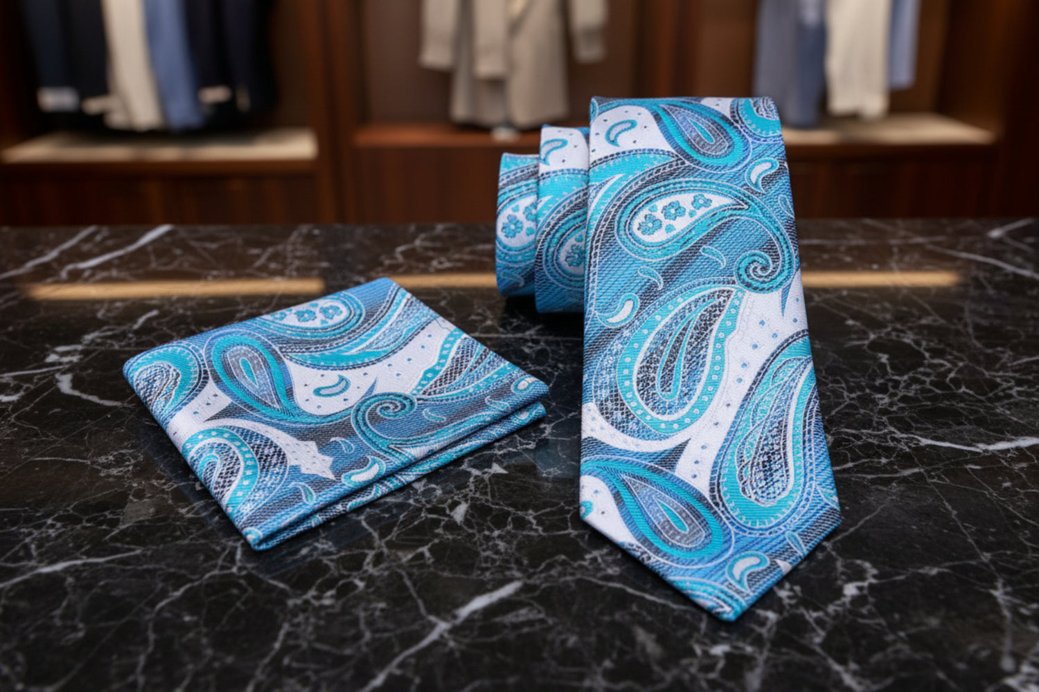 Alt View: Light Blue Paisley Tie and Pocket Square