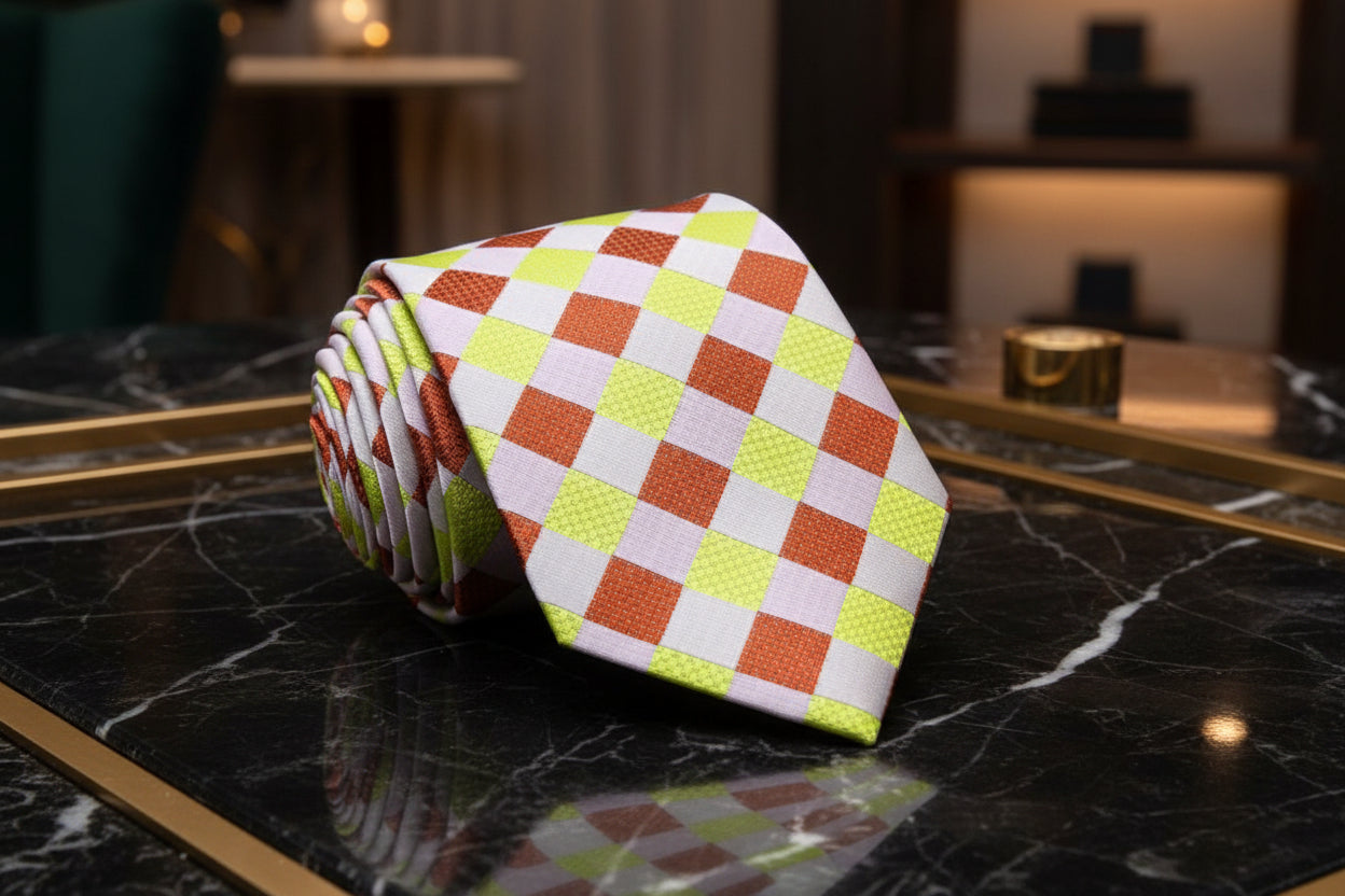 Green, Caramel Check Tie 