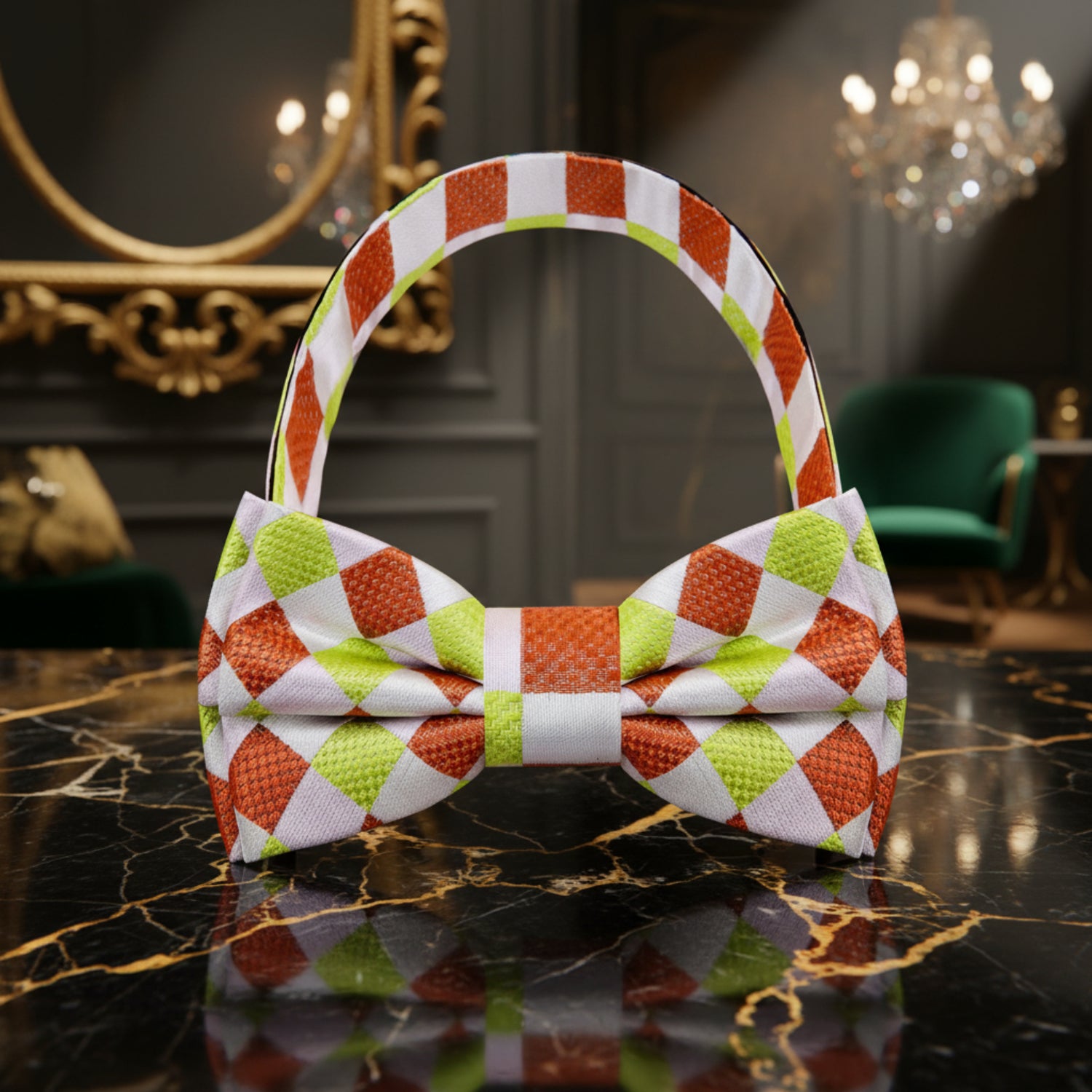 Lime Green, Brown, White Check Bow Tie Pre Tied