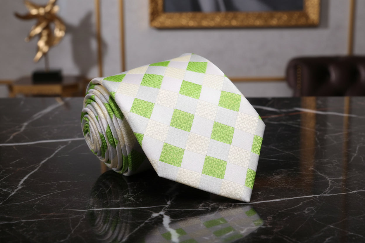 A Lime, Light Green Check Pattern Necktie, 