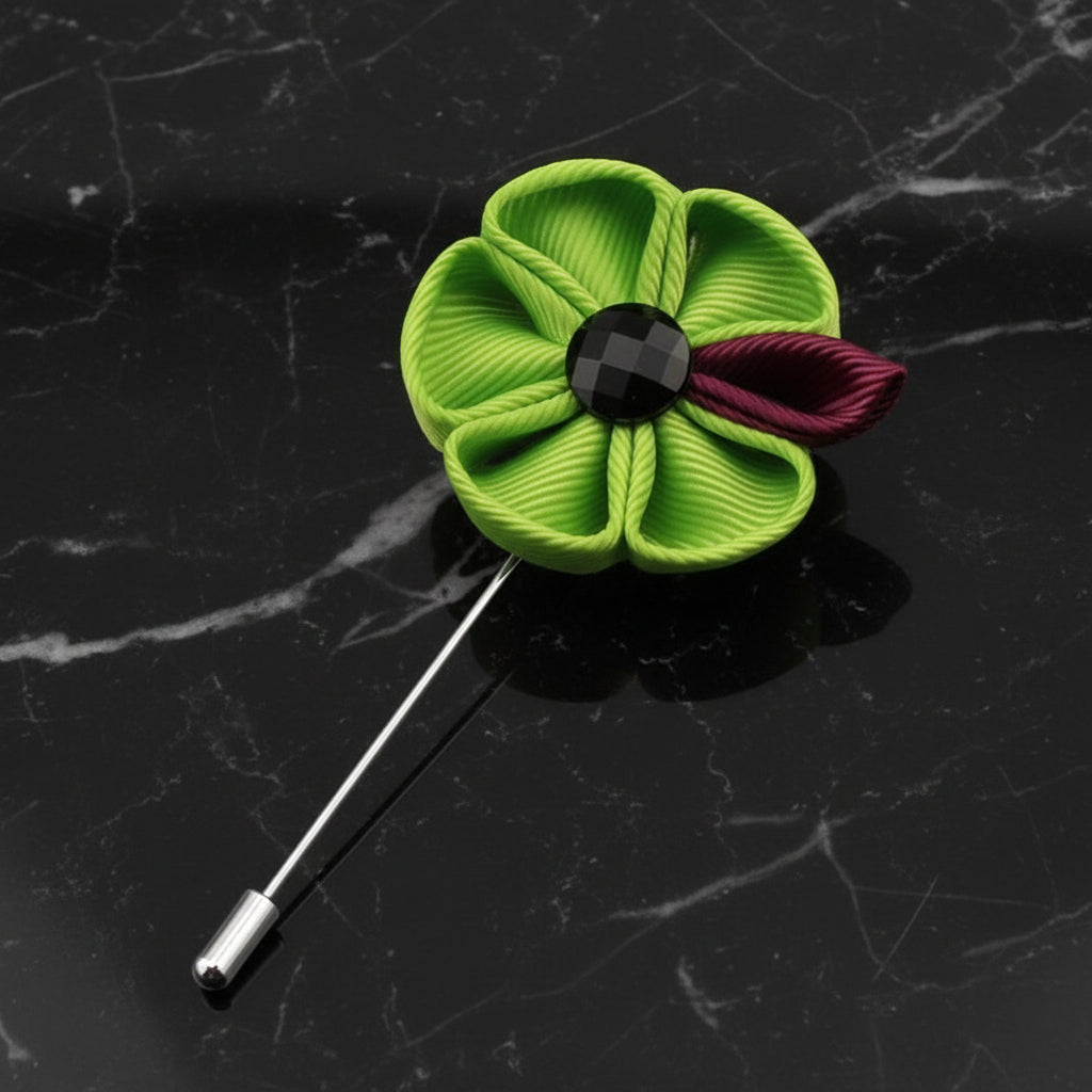 View 2 A Lime Green, Burgundy Colored Thick Petal Lapel Flower||Lime Green, Burgundy