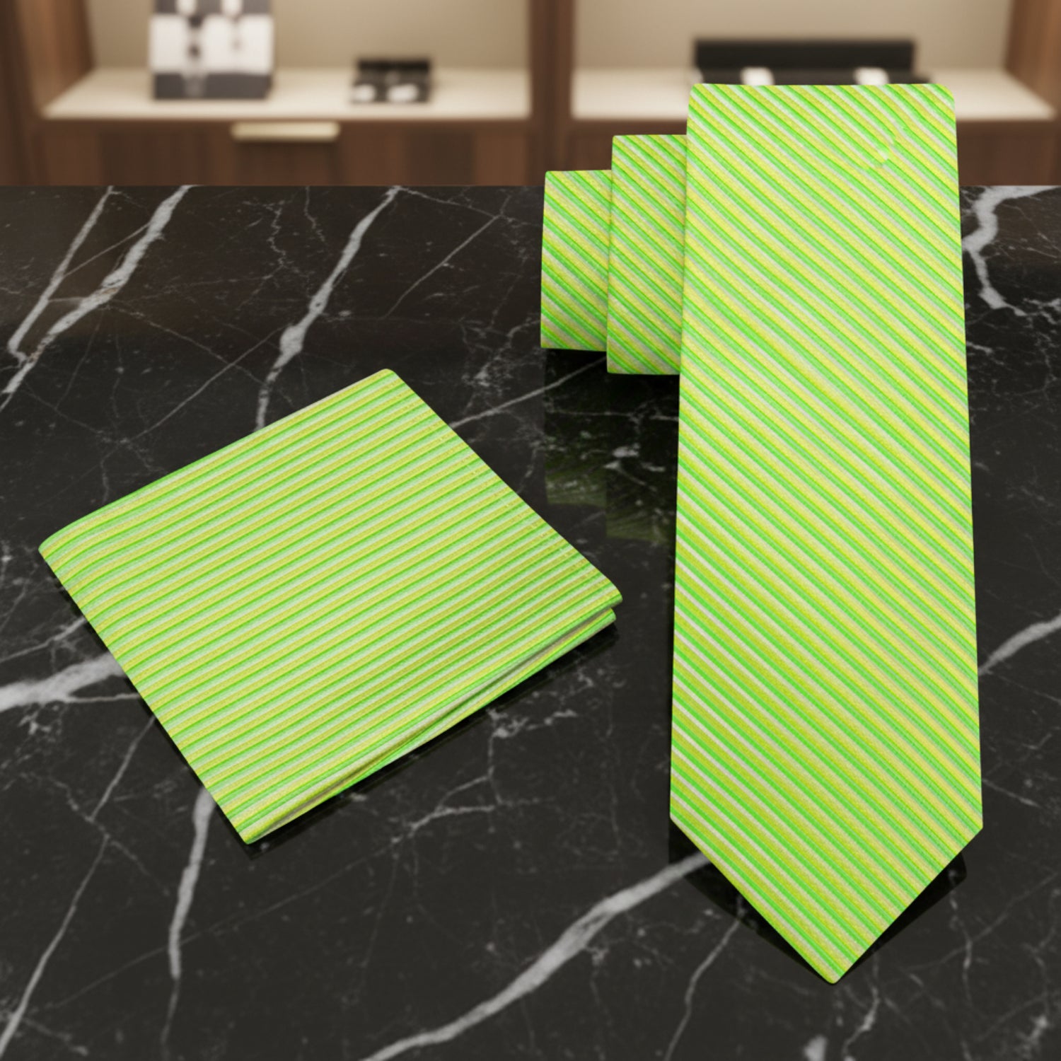 Alt View; Lime Pinstripe Tie and Pocket Square