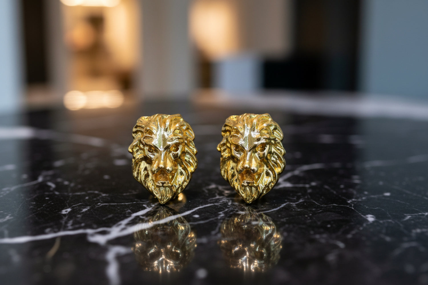 Main View: Two Small Gold Colored Lion Head Shaped Lapel Pins