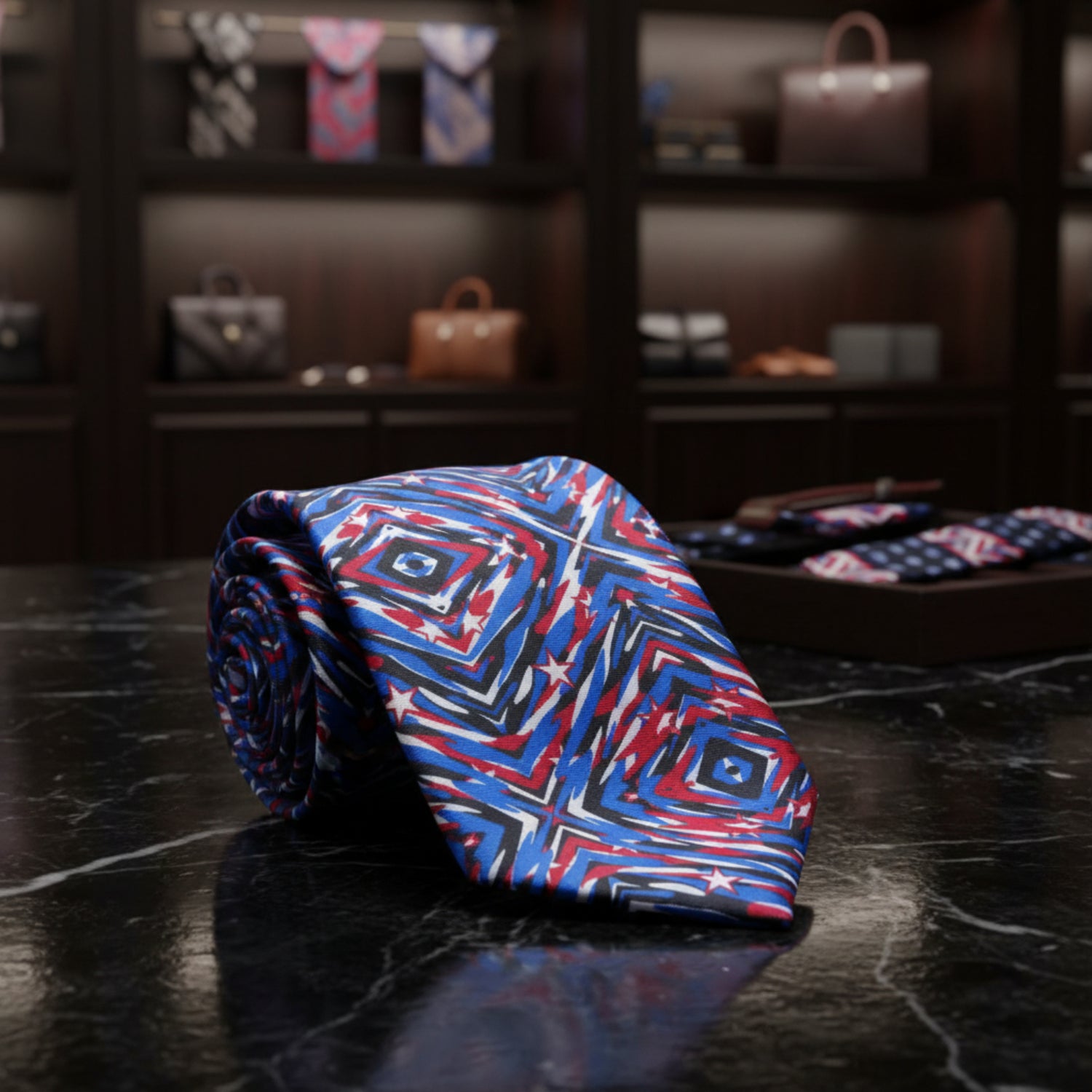 Blue, Red, Black White Abstract Shapes And Stars Tie