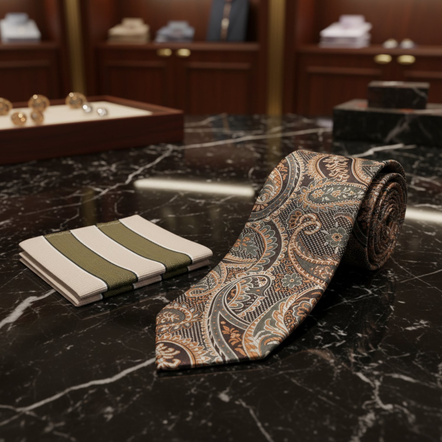 Alt View: Shades of Brown Paisley Small Check Paisley Tie and Stripe Pocket Square