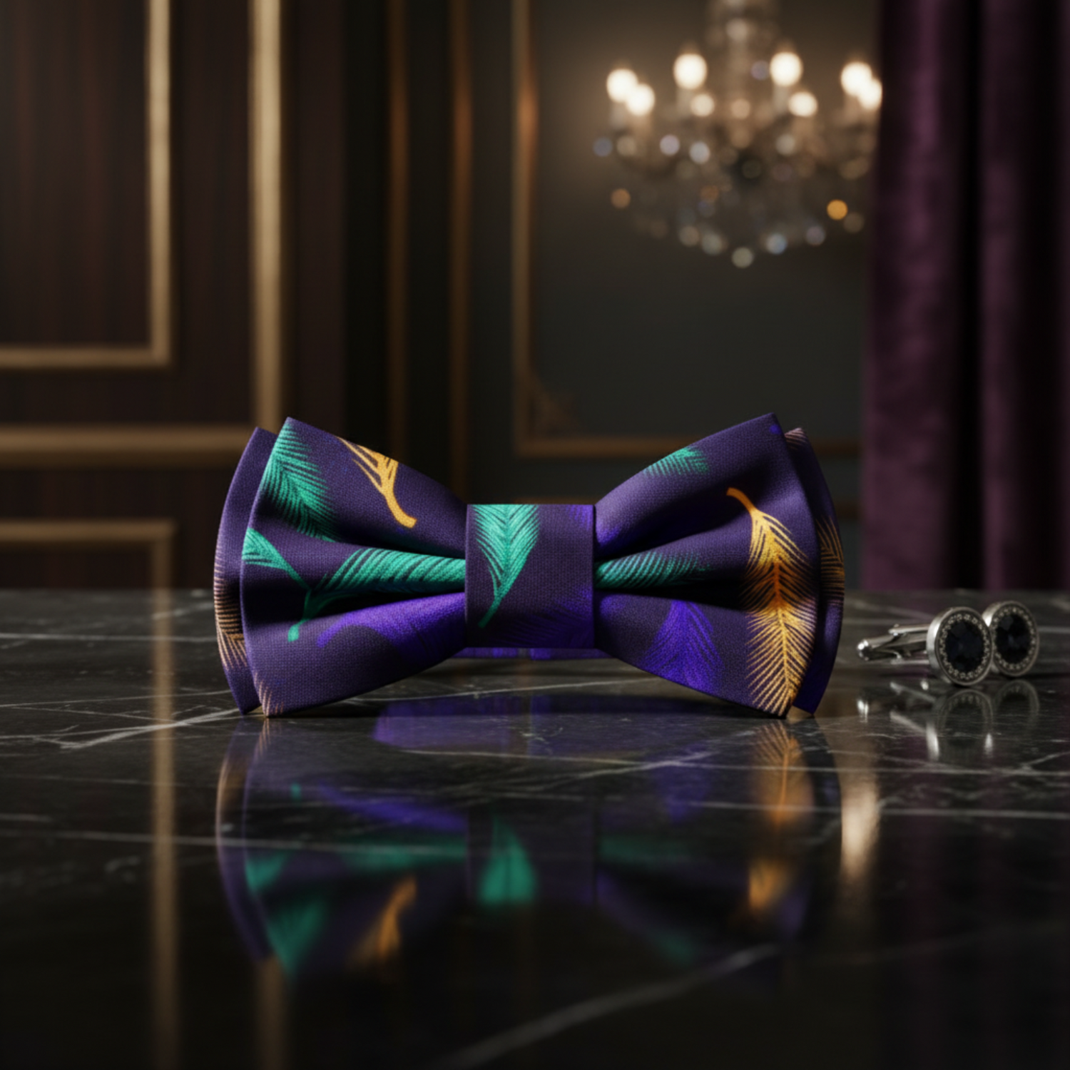 Deep Purple, Purple, Green and Yellow Feather Bow Tie  