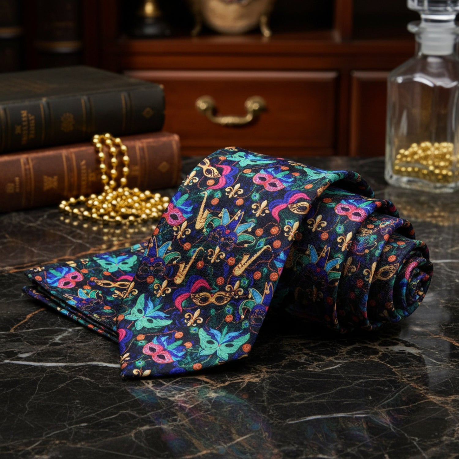 View 3: Black, Blue, Green, Pink Mardi Gras Masks Tie and Square