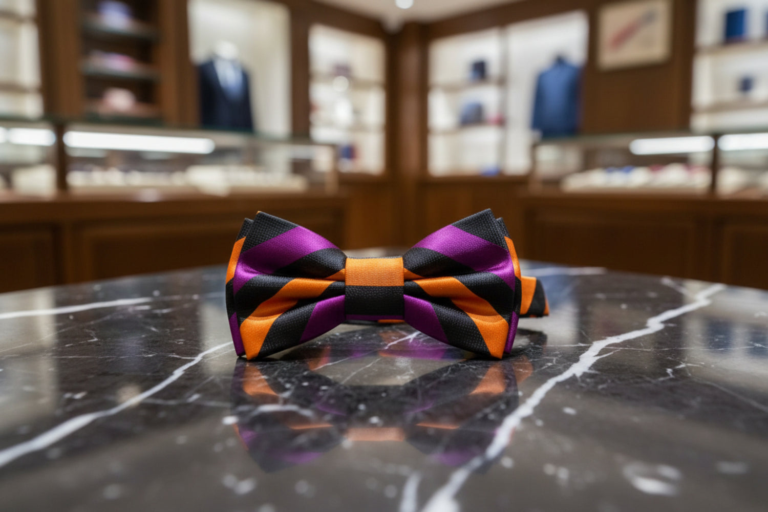 A Purple, Gold, Black Stripe Pattern  Self Tie Bow Tie