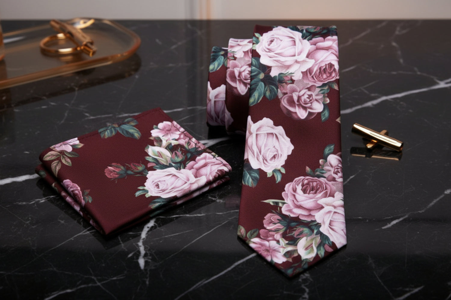 A Cabernet With Dust Mauve Bold Roses With Leaves Pattern Necktie, Matching Pocket Square||Cabernet with Dusty Mauve Floral