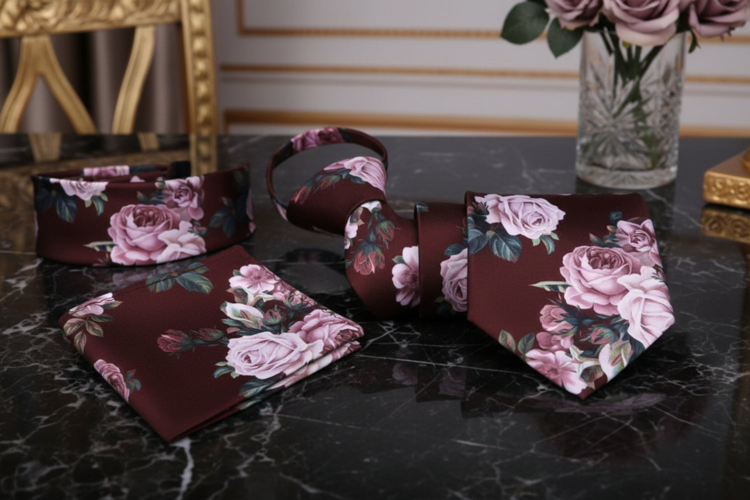 Zipper; A Cabernet With Dust Mauve Bold Roses With Leaves Pattern Necktie, Matching Pocket Square||Cabernet with Dusty Mauve Floral