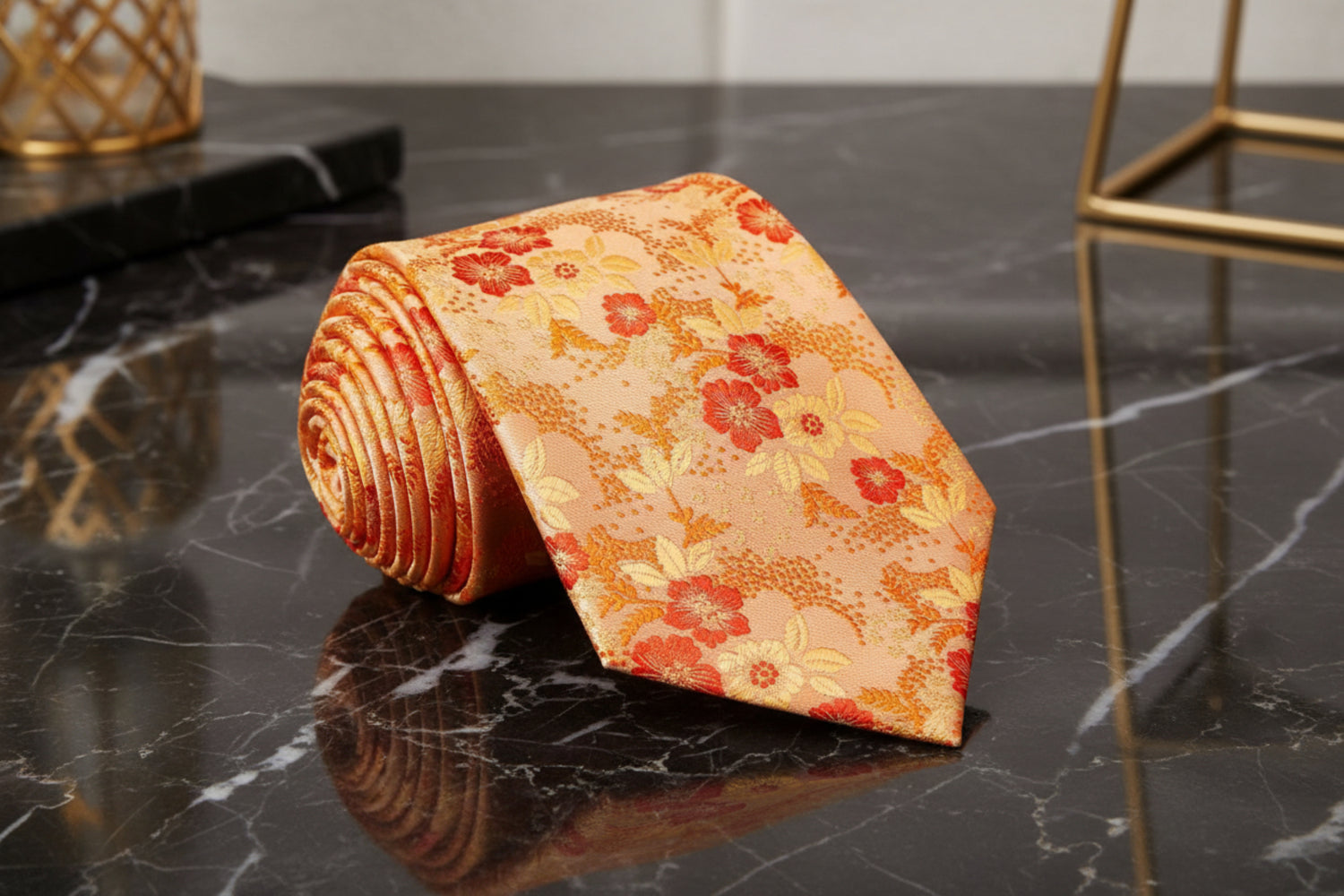 A Light Orange, Orange Floral Pattern Necktie  
