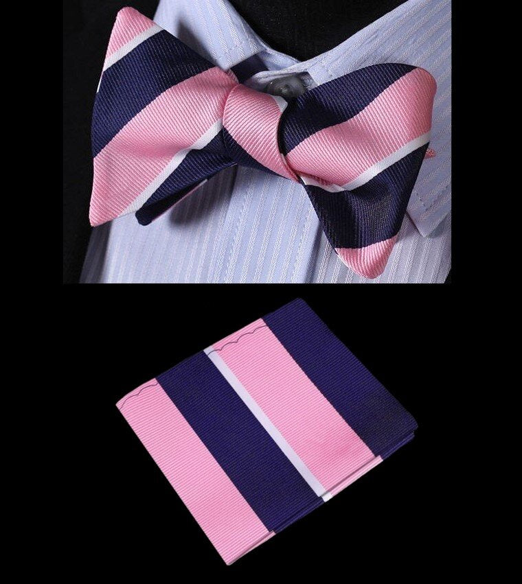 A Pink, Blue Stripe Pattern Self Tie Bow Tie, With Matching Pocket Square ||Pink, Deep Blue, White