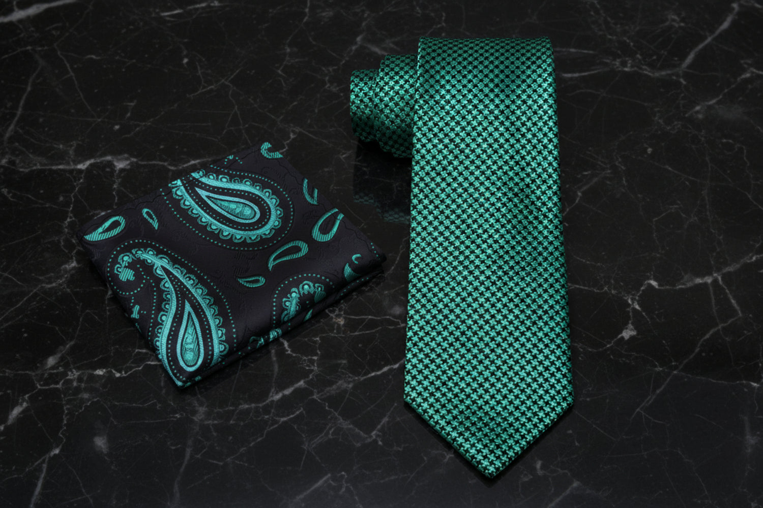Alt View: Metallic Green and Black Hounds Tooth Tie with Black and Green Paisley Pocket Square