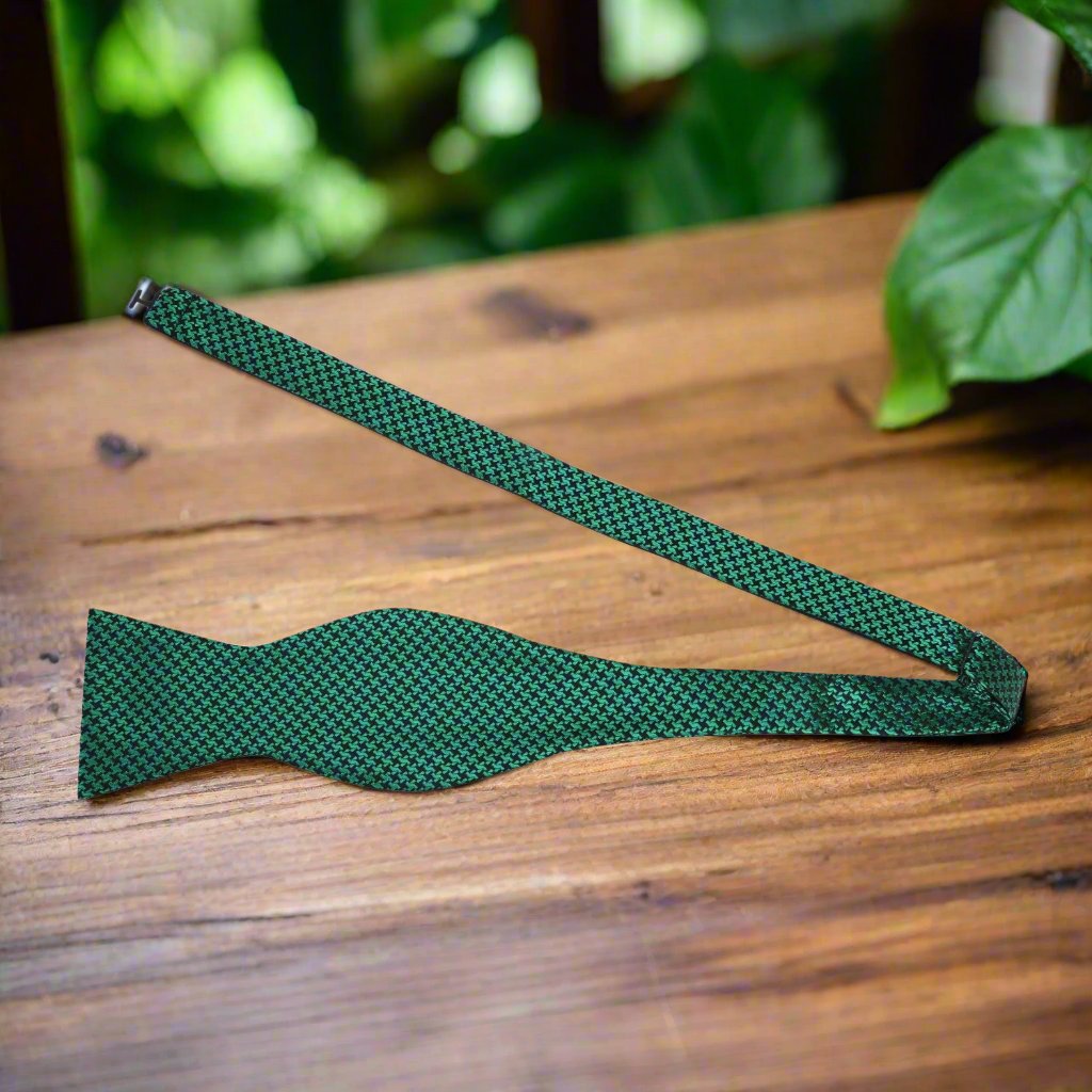Metallic Green, Black Hounds Tooth Bow Tie Self Tie