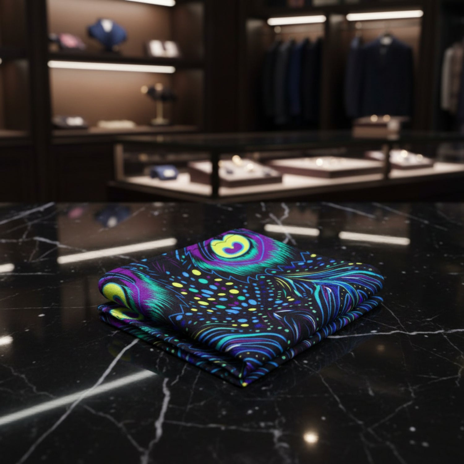 Black, Purple, Yellow, Blue Midnight Peacock Pocket Square